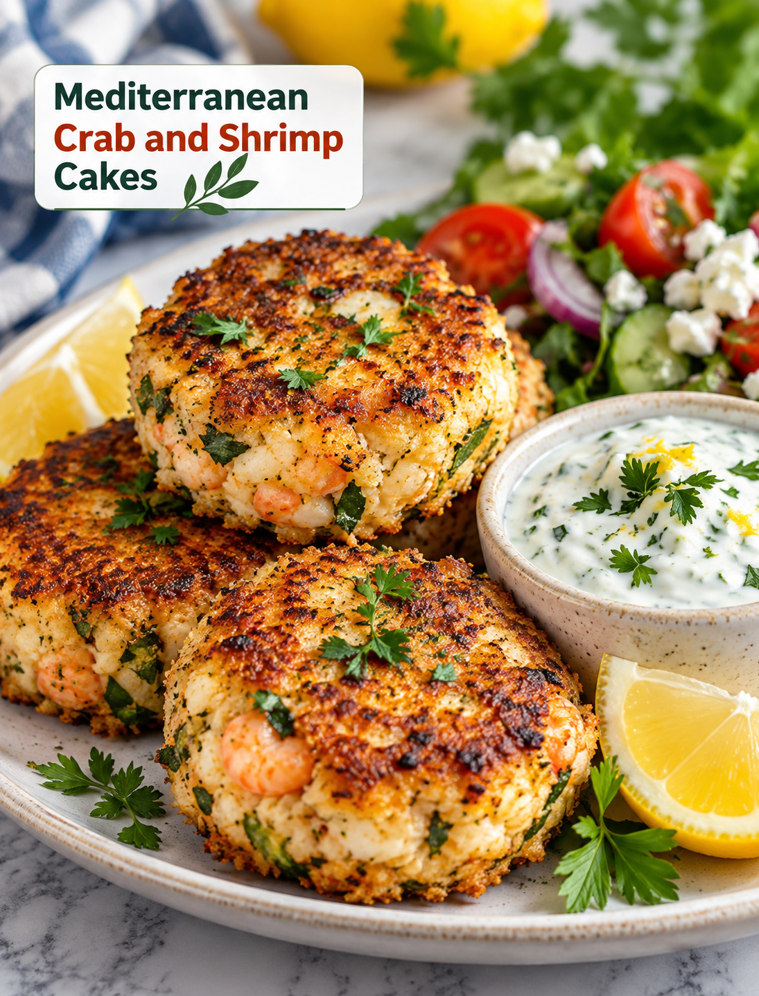 Golden Mediterranean crab and shrimp cakes served with lemon-yogurt sauce and fresh herbs