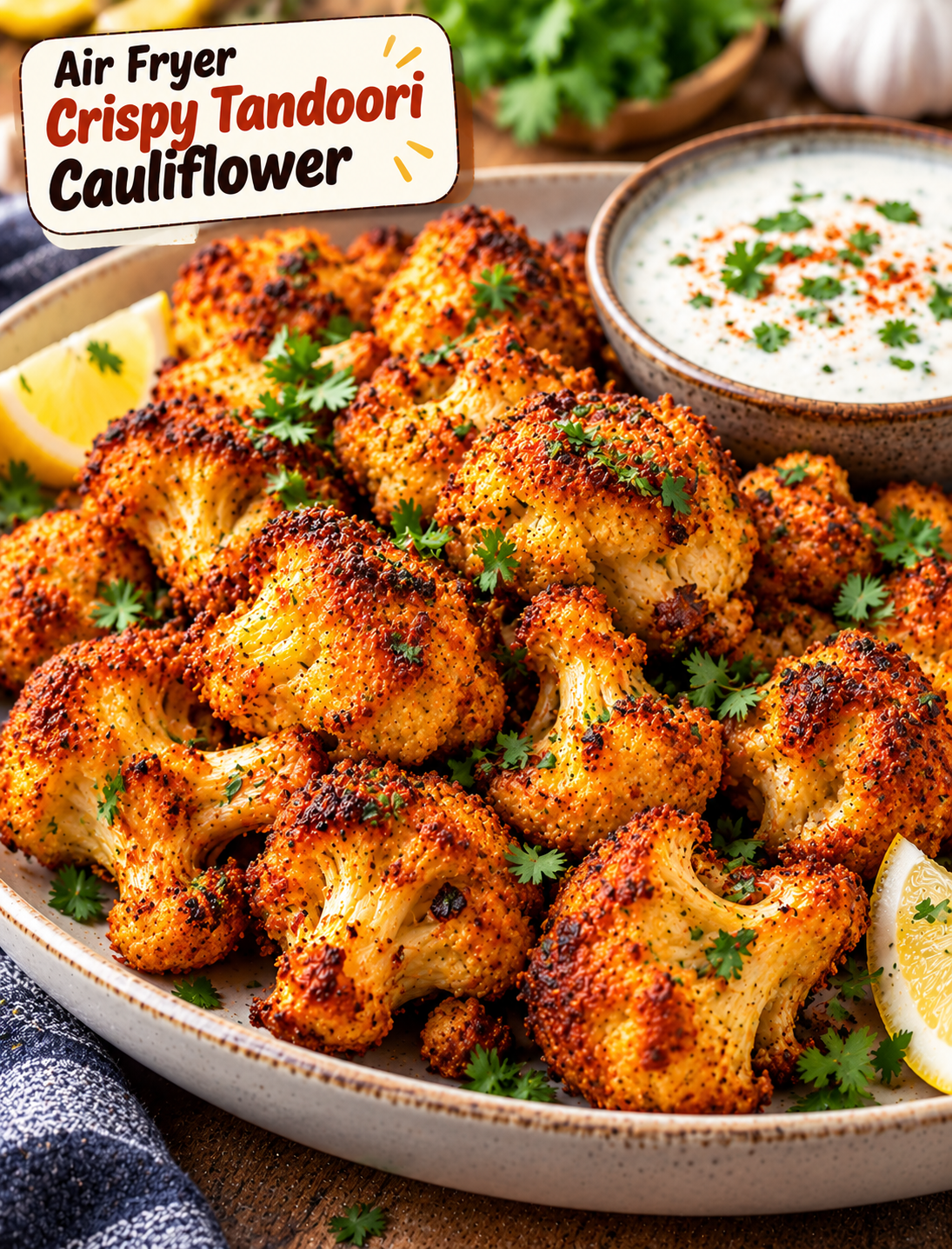 Crispy air fryer tandoori cauliflower with golden spiced edges, cilantro, and lemon wedges