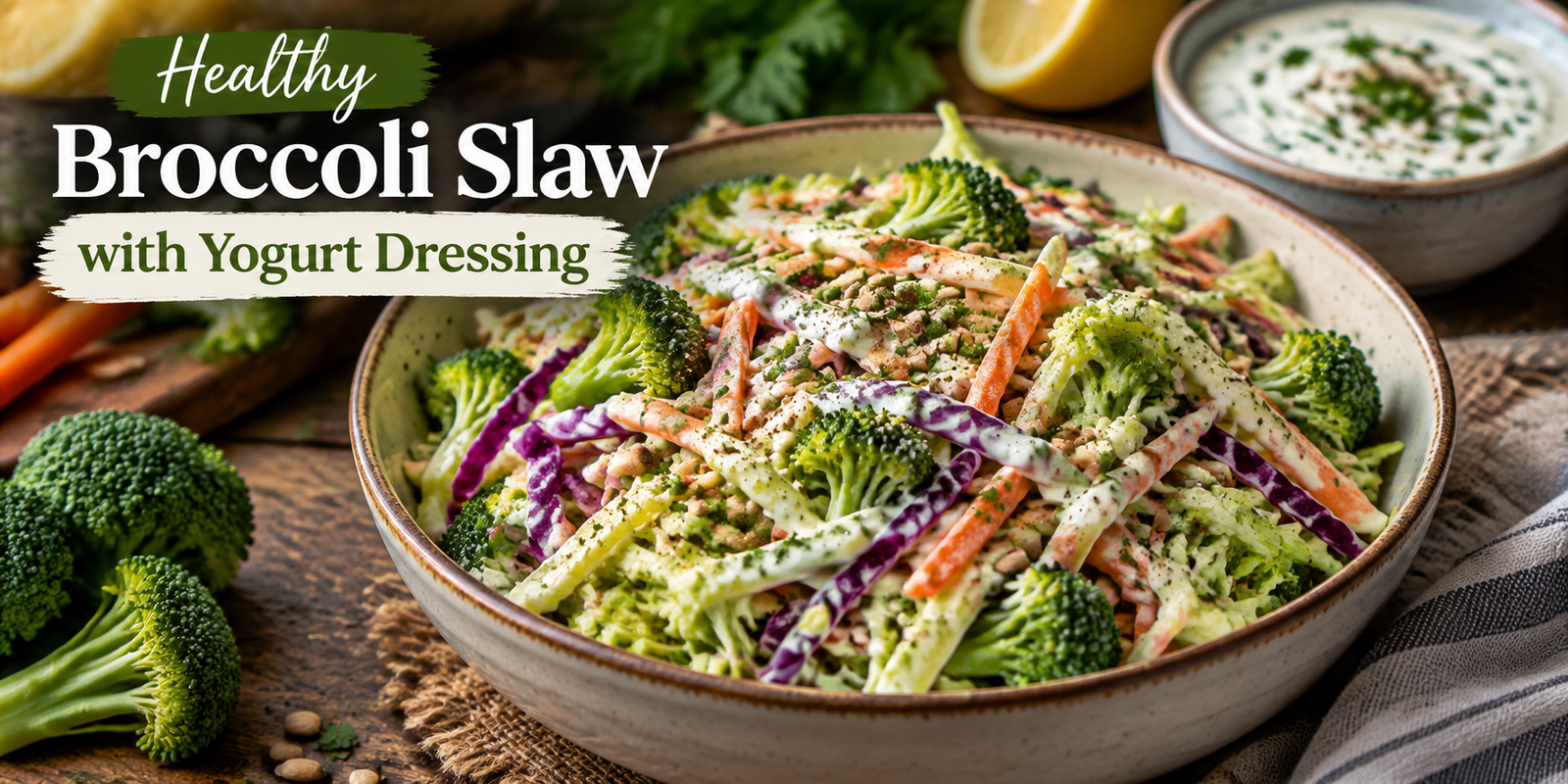 Healthy Broccoli Slaw with Yogurt Dressing made with fresh broccoli carrots cabbage and creamy yogurt sauce
