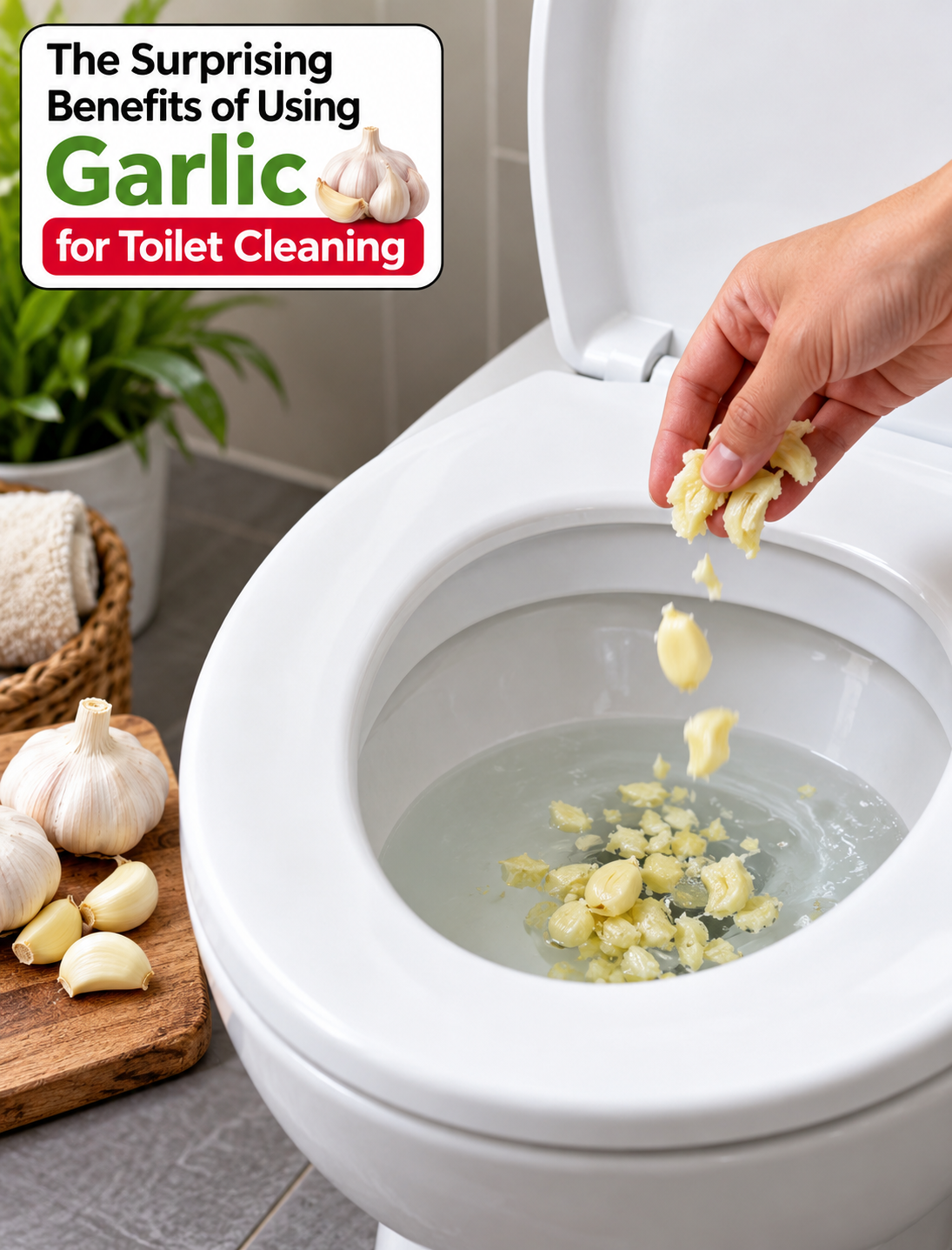 Crushed garlic cloves being used as a natural toilet cleaning method in a clean bathroom