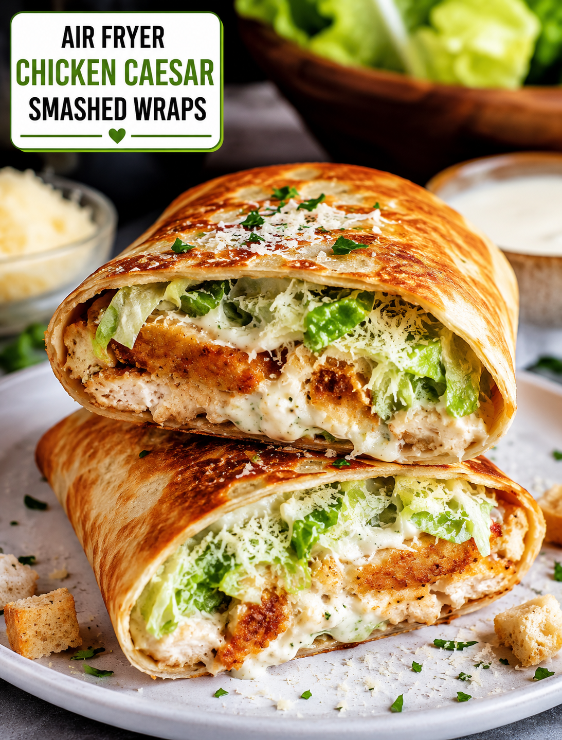Crispy air fryer chicken Caesar smashed wrap with romaine lettuce, Parmesan cheese and creamy Caesar dressing