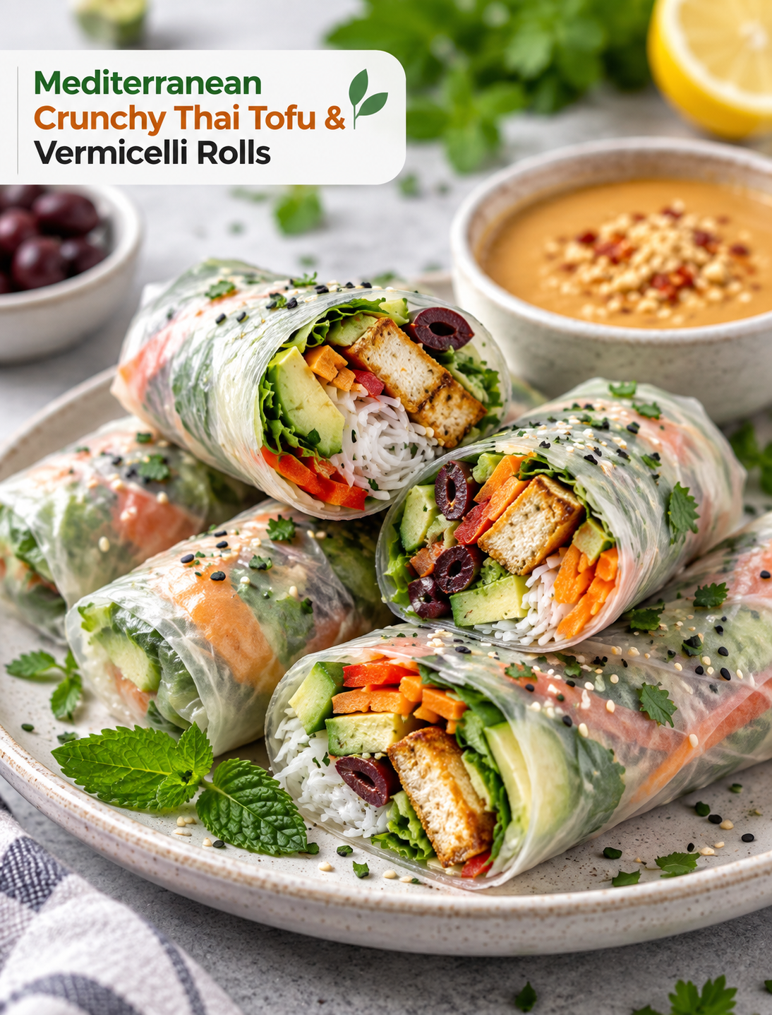 Mediterranean crunchy Thai tofu and vermicelli rolls with fresh vegetables, avocado, herbs, and dipping sauce