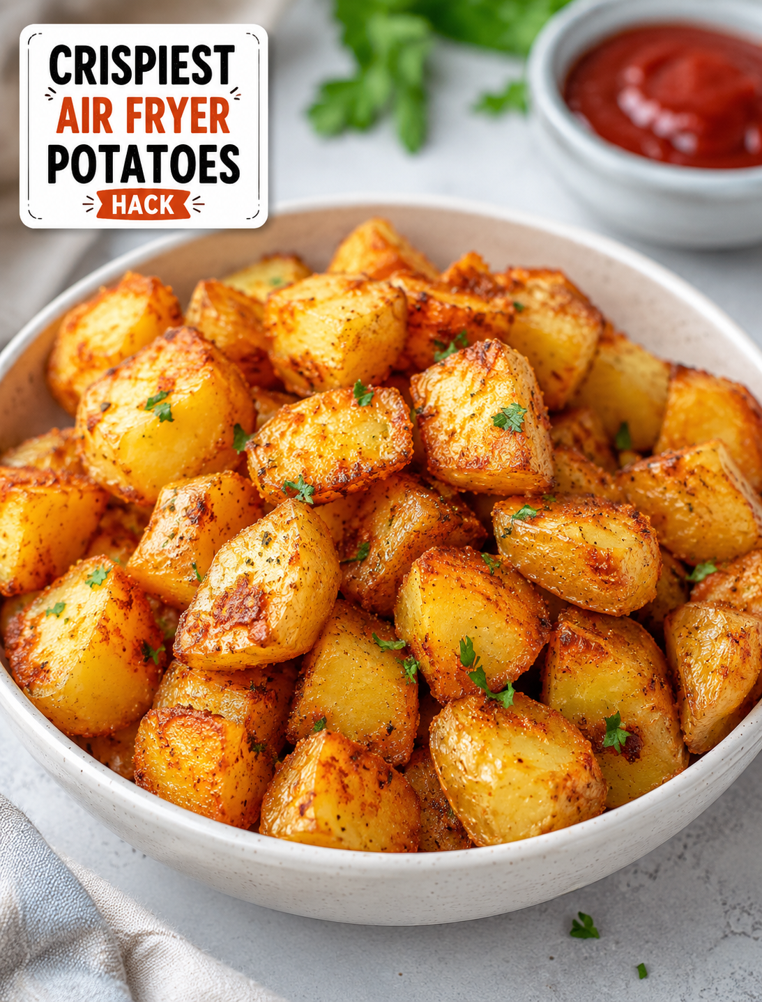 Crispy golden air fryer potatoes with crunchy edges and fluffy centers served on a white plate