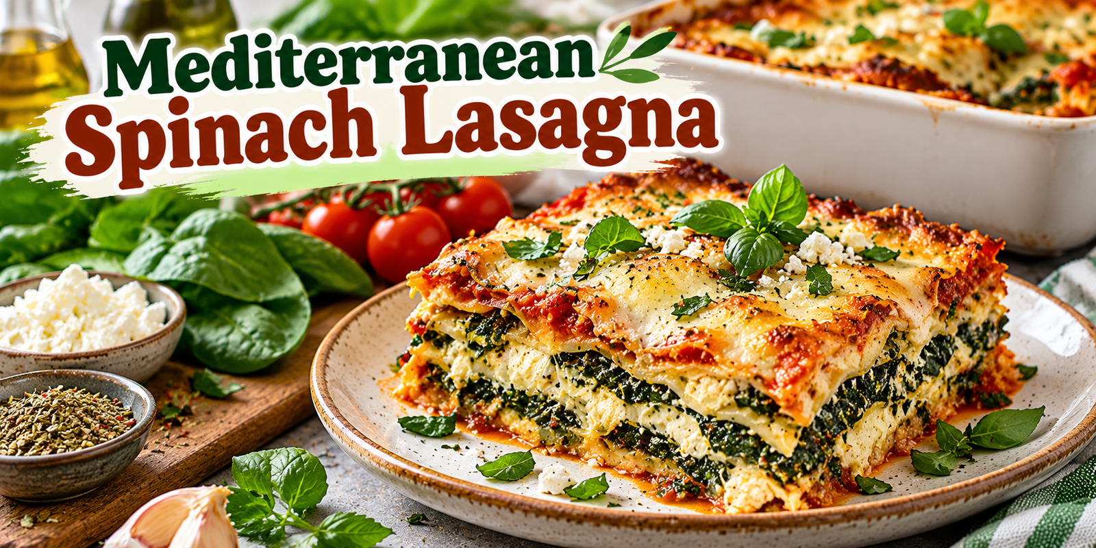Mediterranean Spinach Lasagna with layers of spinach, ricotta, feta, mozzarella, tomato sauce, and fresh herbs