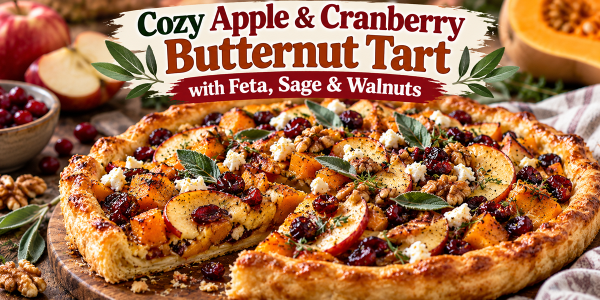 Cozy Apple and Cranberry Butternut Tart with feta, sage, walnuts, and roasted butternut squash