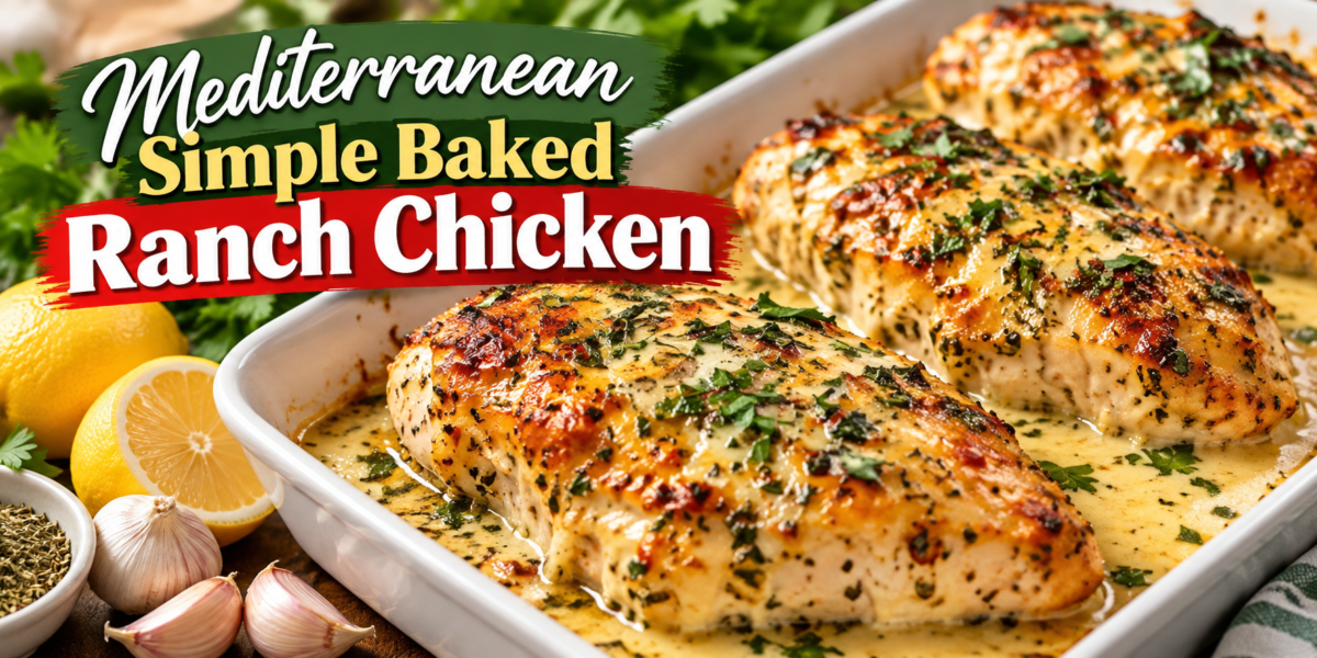 Mediterranean Simple Baked Ranch Chicken with garlic, lemon, herbs, and creamy ranch seasoning