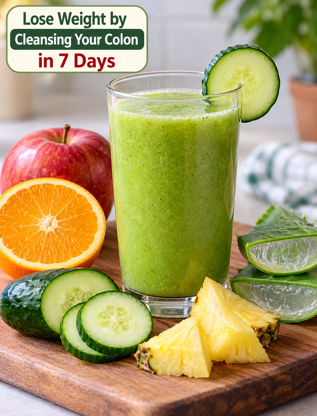 7-day healthy digestive reset drink with apple, cucumber, orange, pineapple, and aloe vera for digestive health and weight management