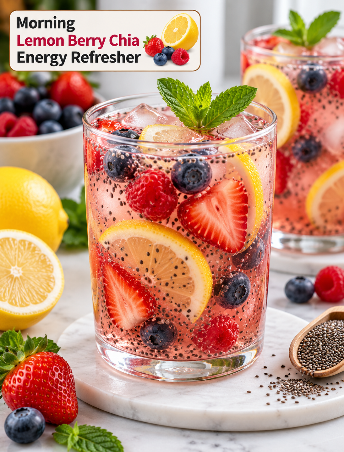 Refreshing lemon berry chia drink with strawberries, blueberries, raspberries, lemon slices, mint, and chia seeds in a clear glass