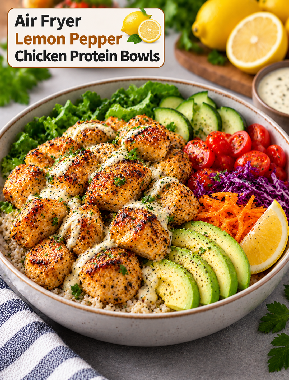 Air fryer lemon pepper chicken protein bowl with rice, avocado, fresh vegetables, greens, and creamy lemon dressing