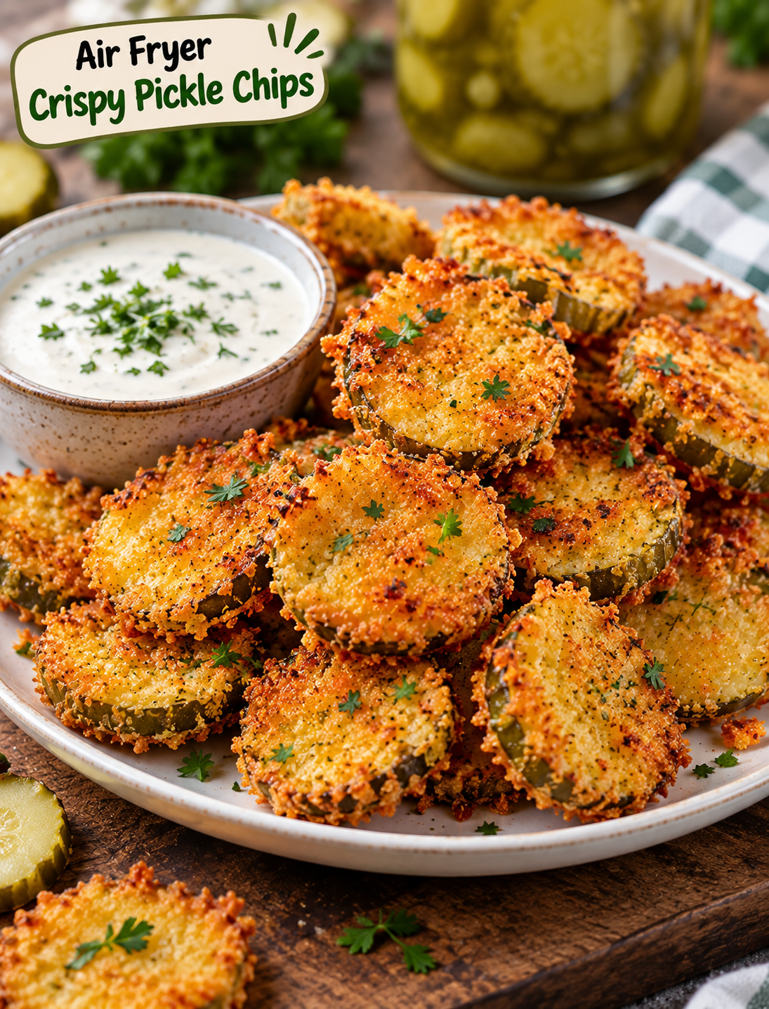 Air Fryer Crispy Pickle Chips served with creamy ranch dipping sauce