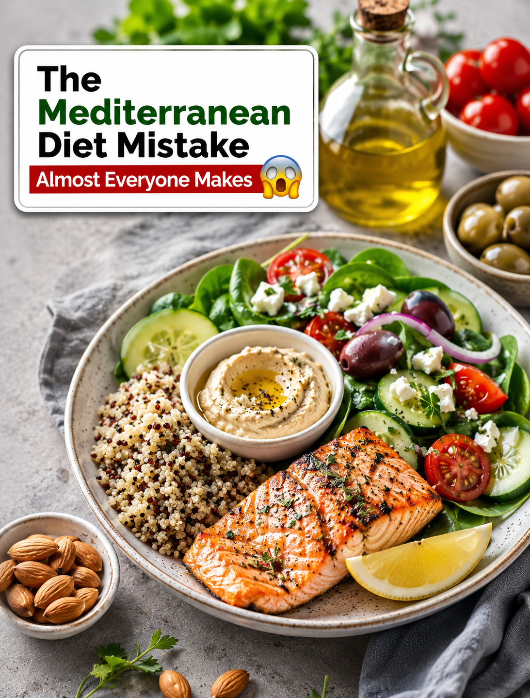 Mediterranean diet meal with vegetables, salmon, whole grains, olive oil, and healthy foods