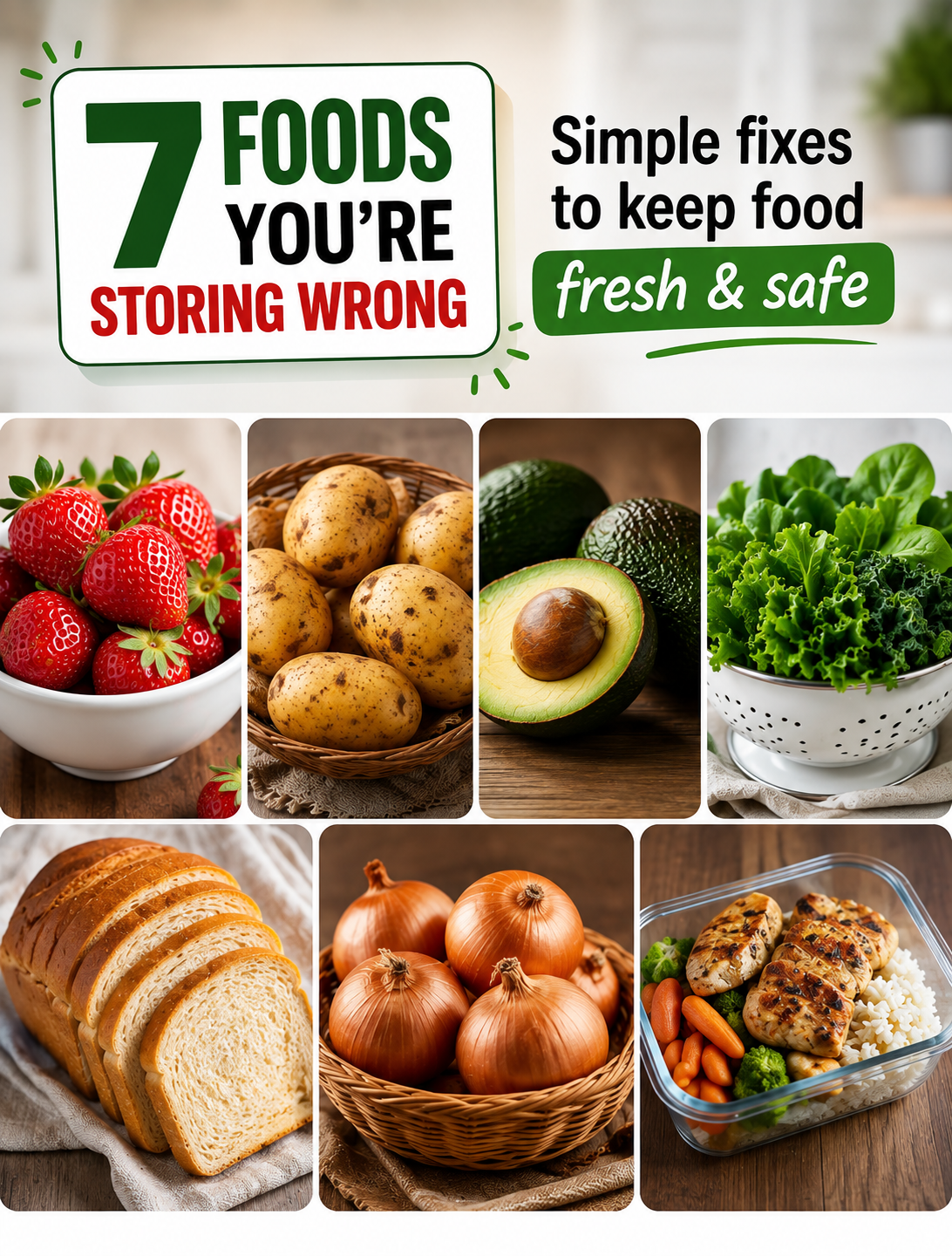 7 foods you’re storing wrong with fresh strawberries, potatoes, avocado, leafy greens, bread, onions, and leftovers
