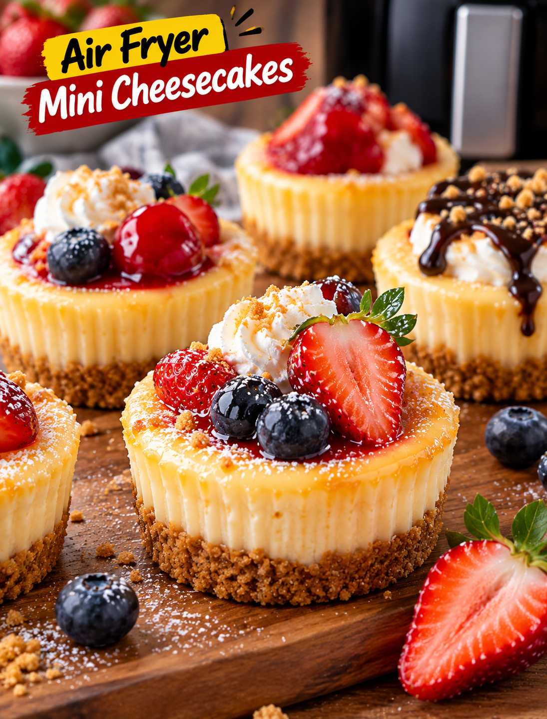Creamy air fryer mini cheesecakes with graham cracker crust topped with fresh berries and powdered sugar.