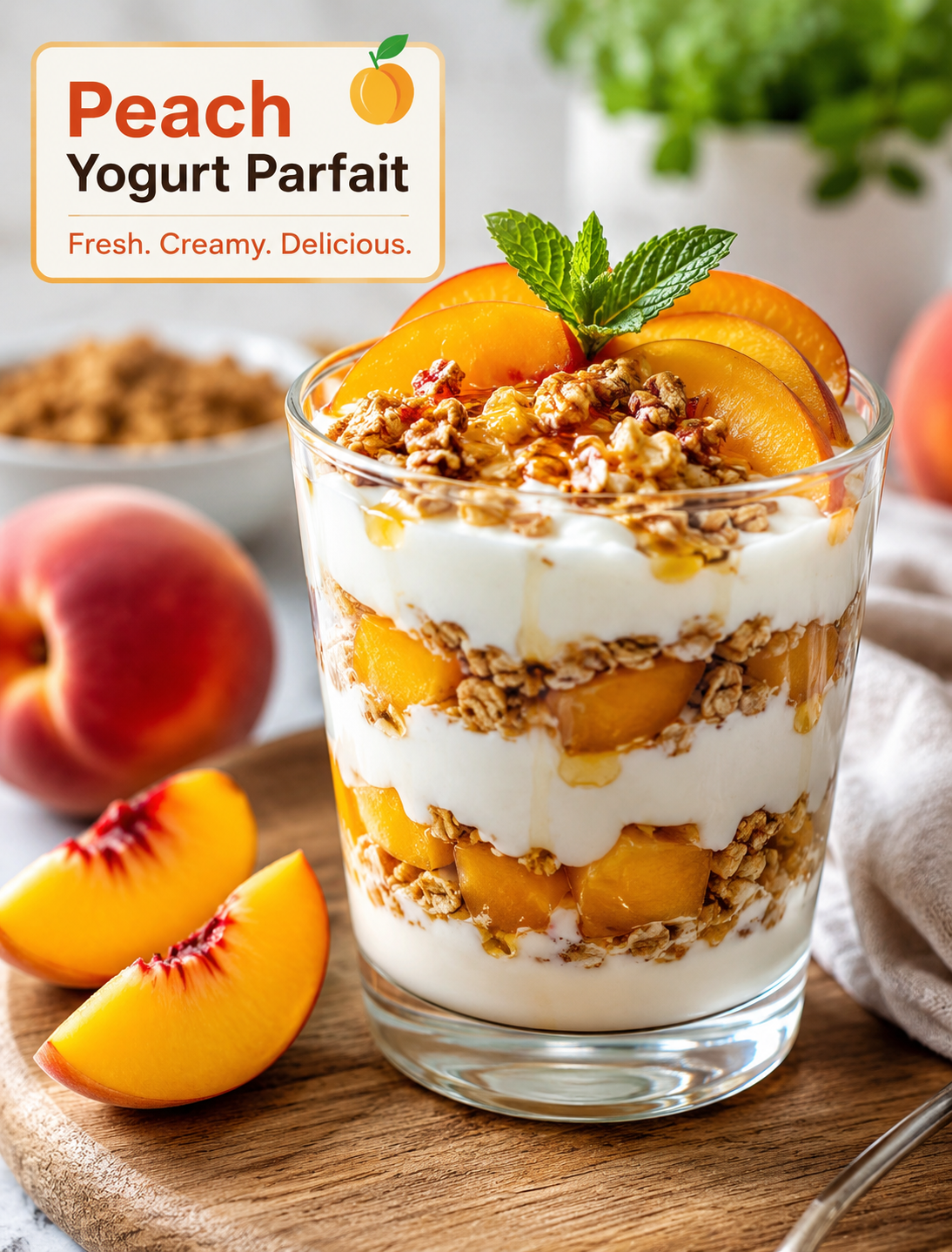 Peach yogurt parfait layered with fresh sliced peaches, creamy Greek yogurt, and crunchy granola in a clear glass