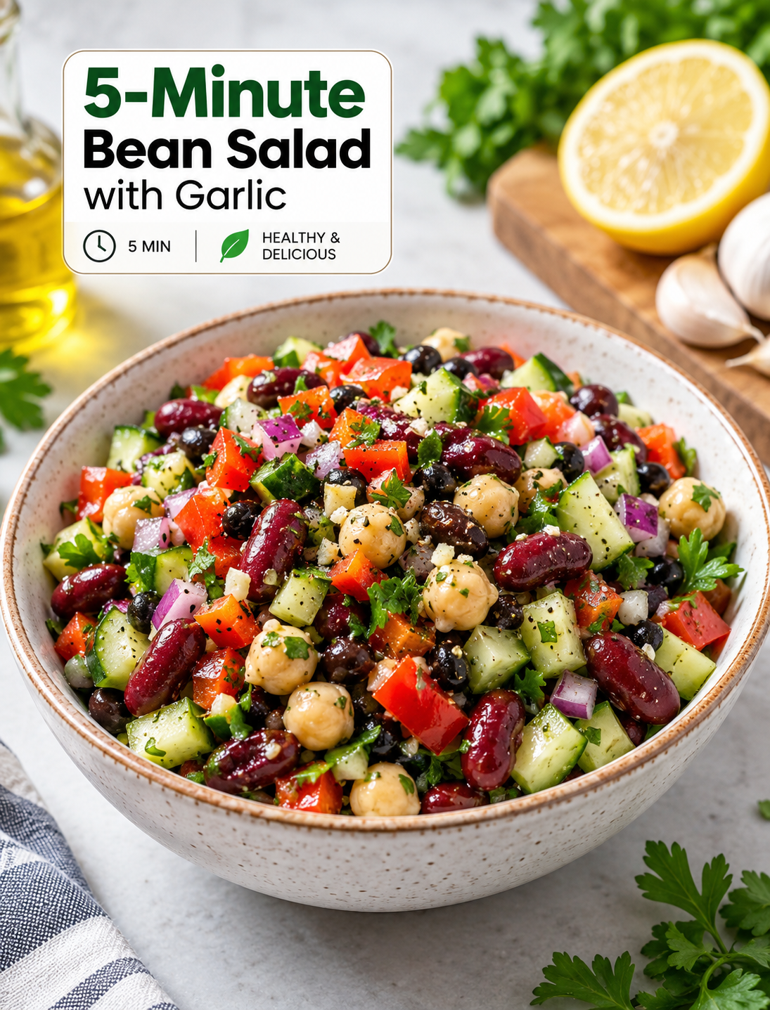 Need a quick meal with fresh flavor? This 5-Minute Bean Salad with Garlic combines hearty beans, crisp vegetables, fresh herbs, lemon, and olive oil in an easy no-cook recipe.