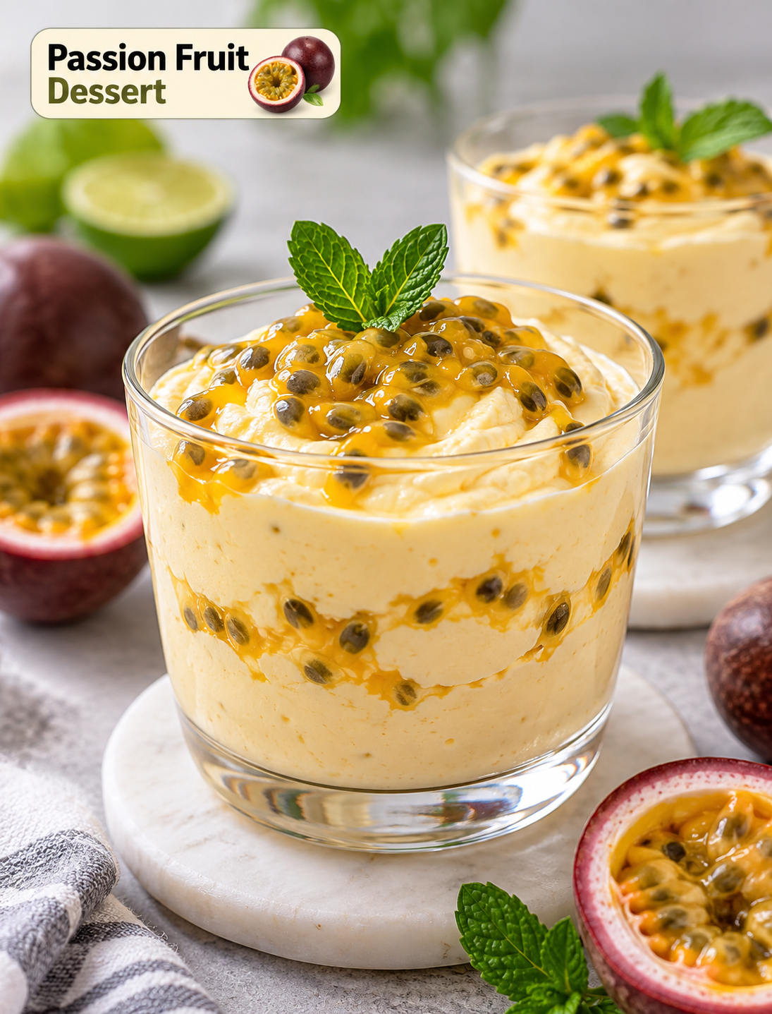Creamy passion fruit dessert topped with fresh passion fruit pulp in a clear serving glass