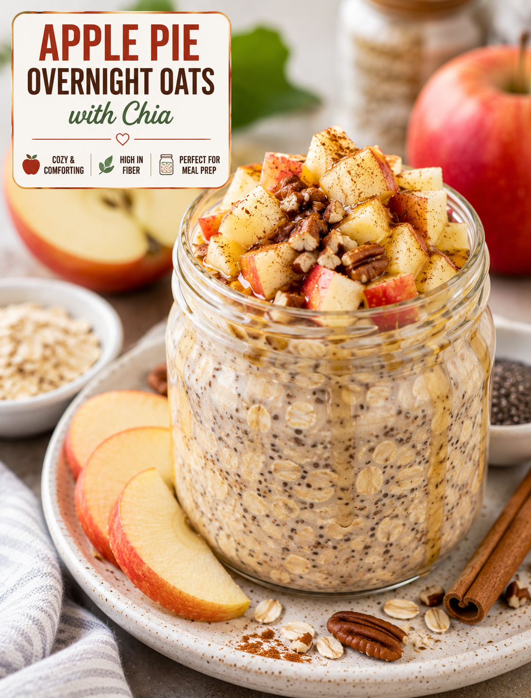 Apple pie overnight oats with chia topped with diced apples, cinnamon, chopped pecans, and maple syrup in a glass jar