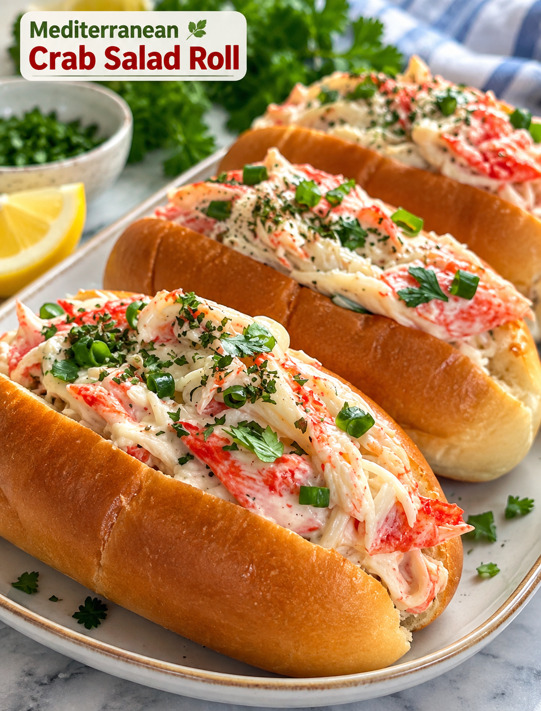Mediterranean crab salad roll with creamy crab filling, lettuce, cucumber, cherry tomatoes, and red onion in a whole wheat tortilla