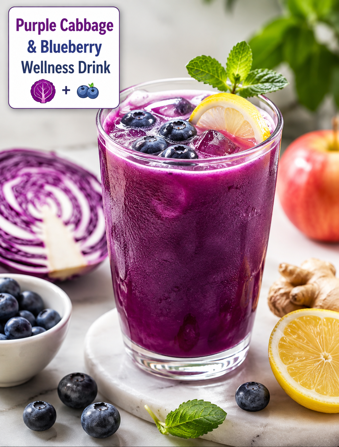 Purple cabbage and blueberry wellness drink with lemon, blueberries, apple, and mint served over ice