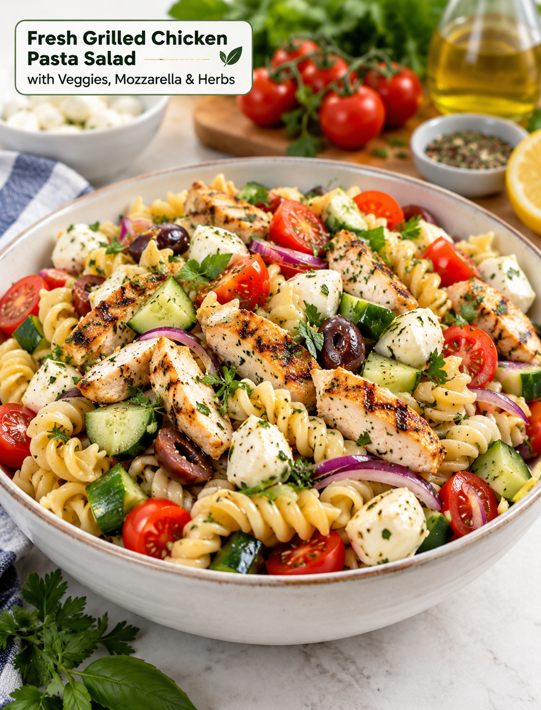 Fresh grilled chicken pasta salad with rotini, cherry tomatoes, cucumber, mozzarella, olives, and fresh herbs