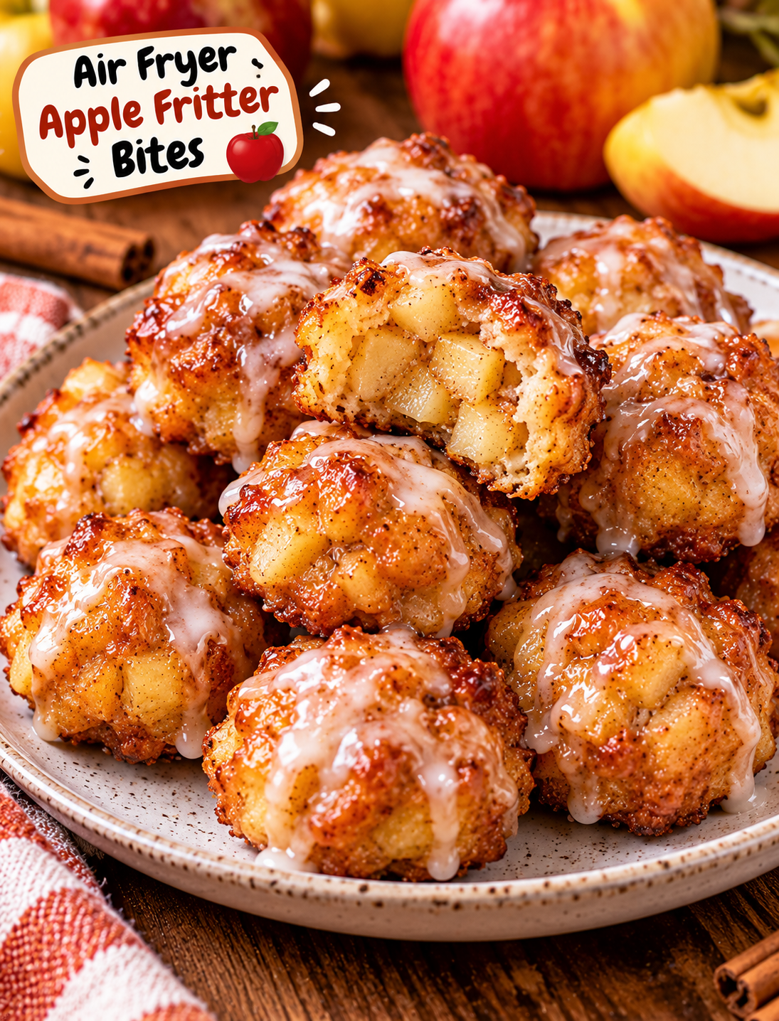 Air Fryer Apple Fritter Bites with cinnamon apples, golden crisp edges, and sweet vanilla glaze