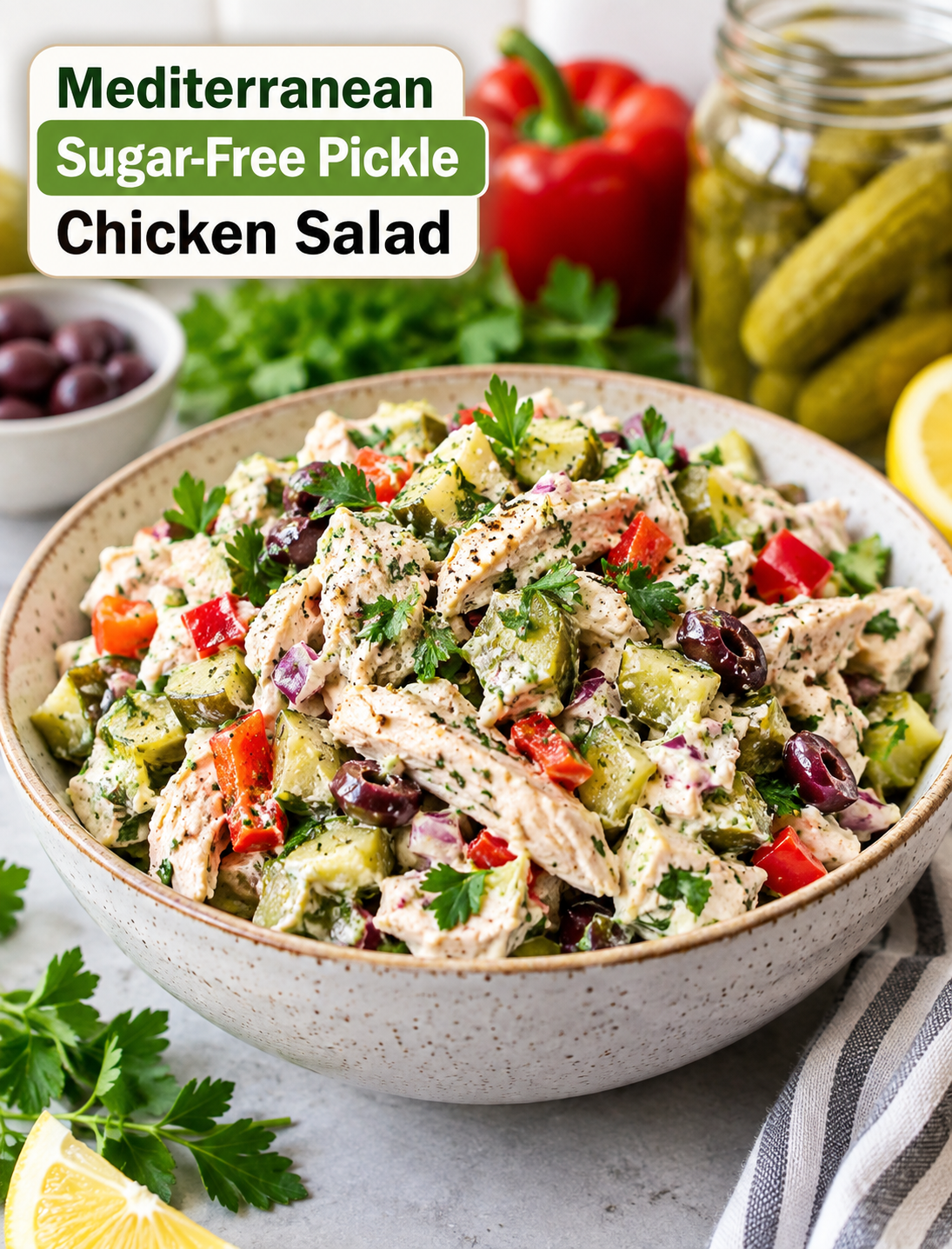 Mediterranean sugar-free pickle chicken salad with shredded chicken, dill pickles, vegetables, and fresh herbs