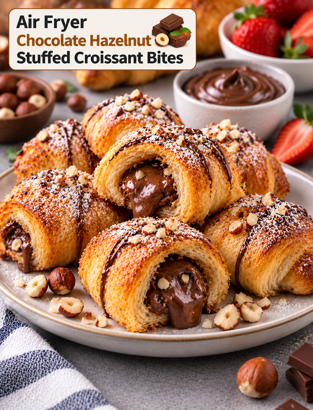 Golden air fryer croissant bites filled with melted chocolate hazelnut spread and topped with powdered sugar and chopped hazelnuts