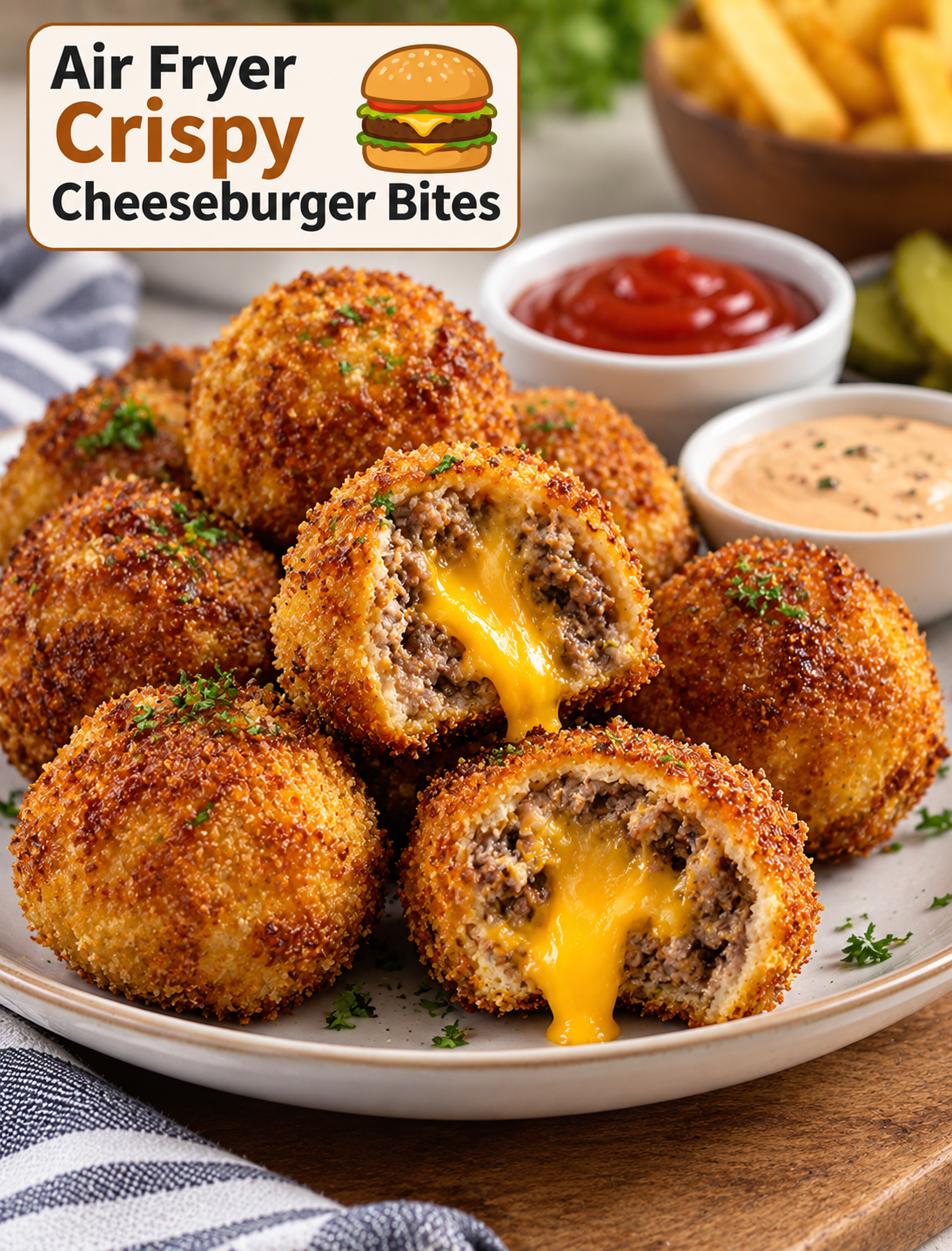 Crispy air fryer cheeseburger bites filled with melted cheddar cheese and served with ketchup and burger dipping sauce