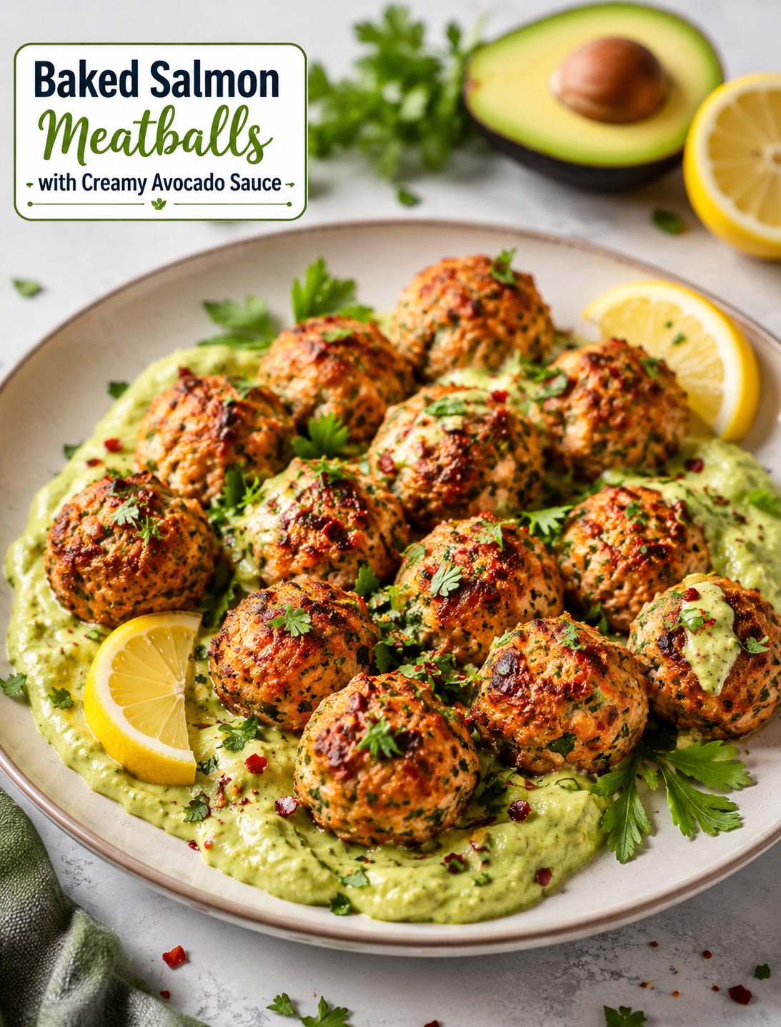 Baked Salmon Meatballs with Creamy Avocado Sauce