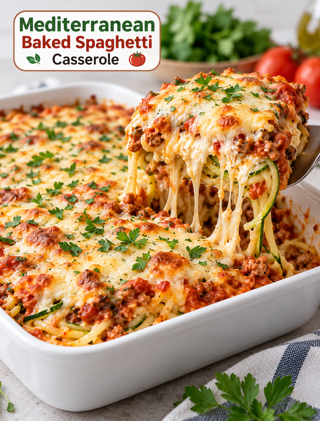 Mediterranean Baked Spaghetti Casserole with lean ground turkey, marinara sauce, ricotta, mozzarella, and vegetable noodles
