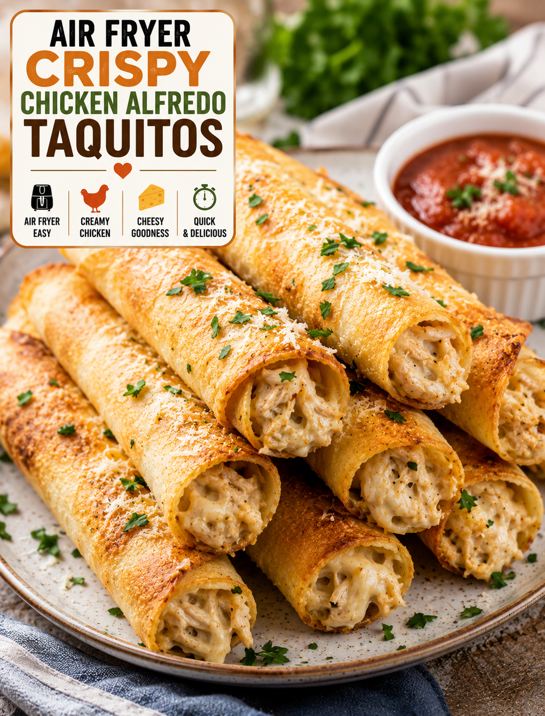 Crispy air fryer chicken Alfredo taquitos filled with creamy chicken, mozzarella, and Parmesan, served with marinara dipping sauce