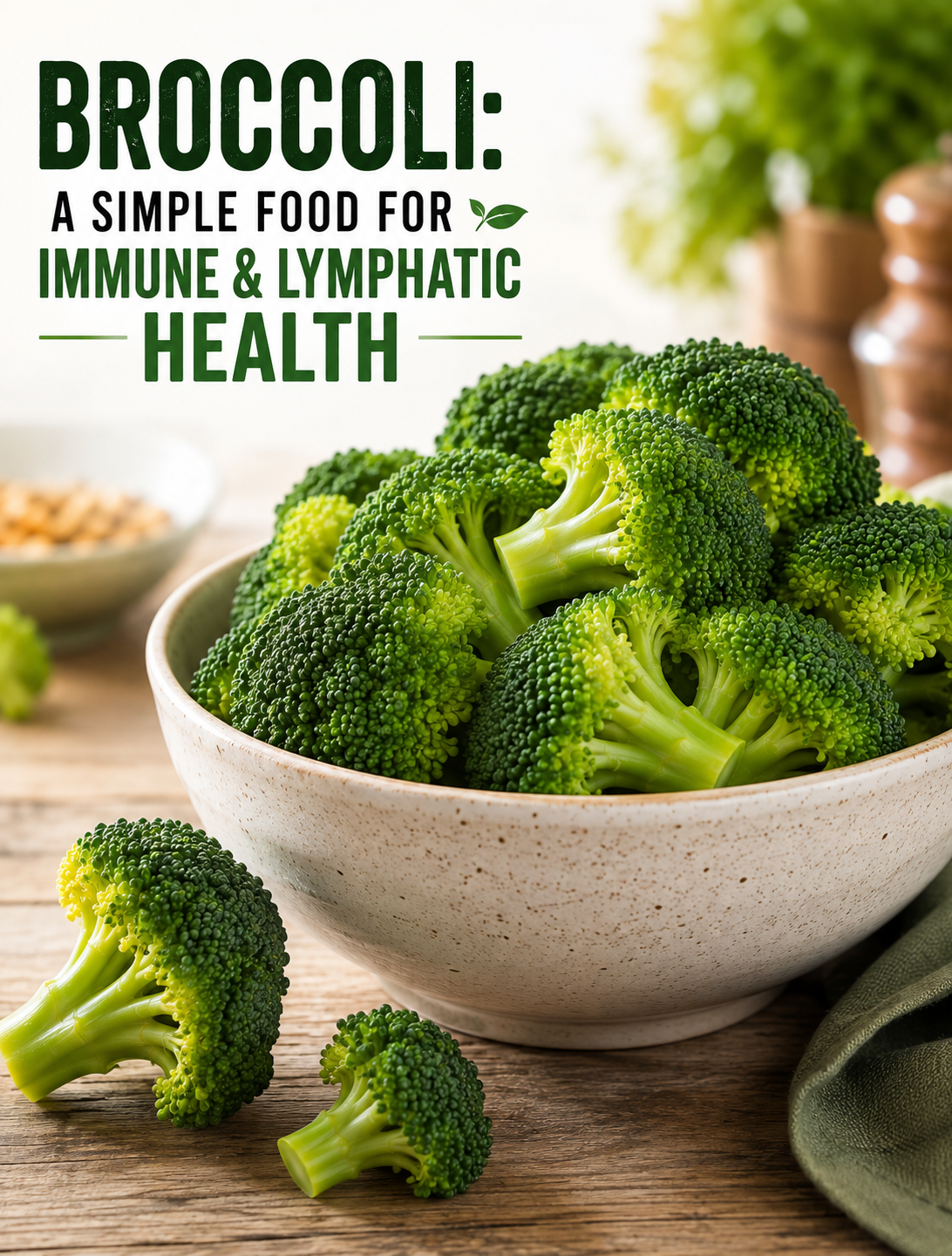 Fresh broccoli florets in a bowl with text about immune and lymphatic health benefits