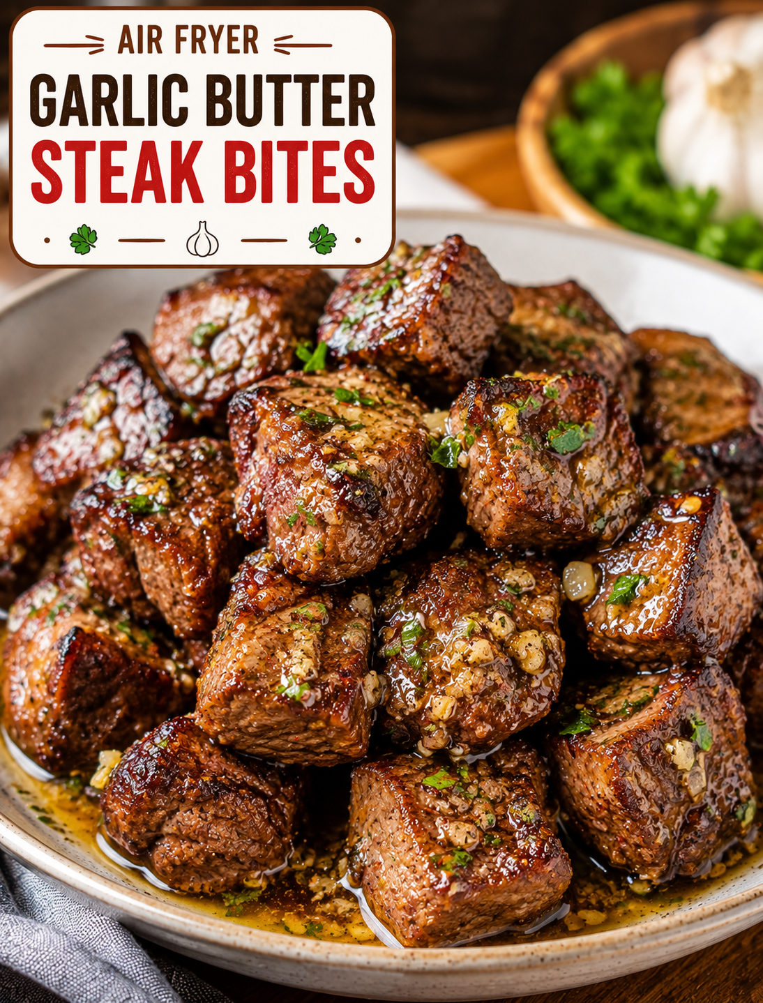 Air Fryer Garlic Butter Steak Bites with browned edges, melted garlic butter, fresh parsley, and herbs