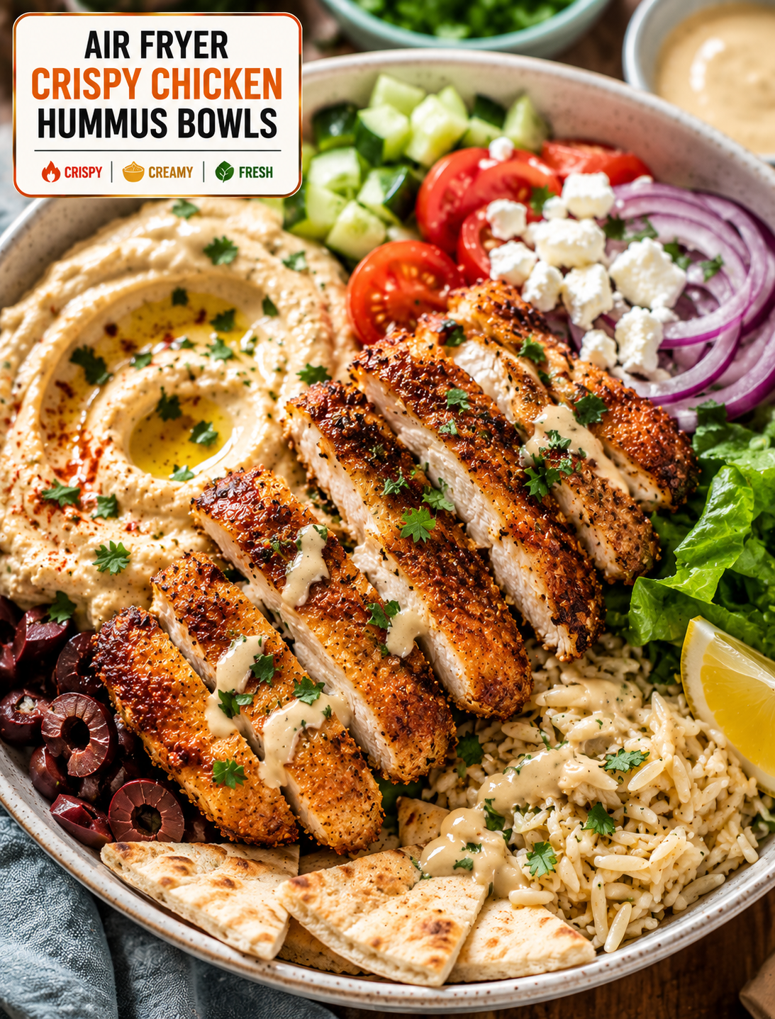 Air fryer crispy chicken hummus bowl with golden chicken, creamy hummus, cucumber, tomatoes, feta, greens, herbs, and lemon