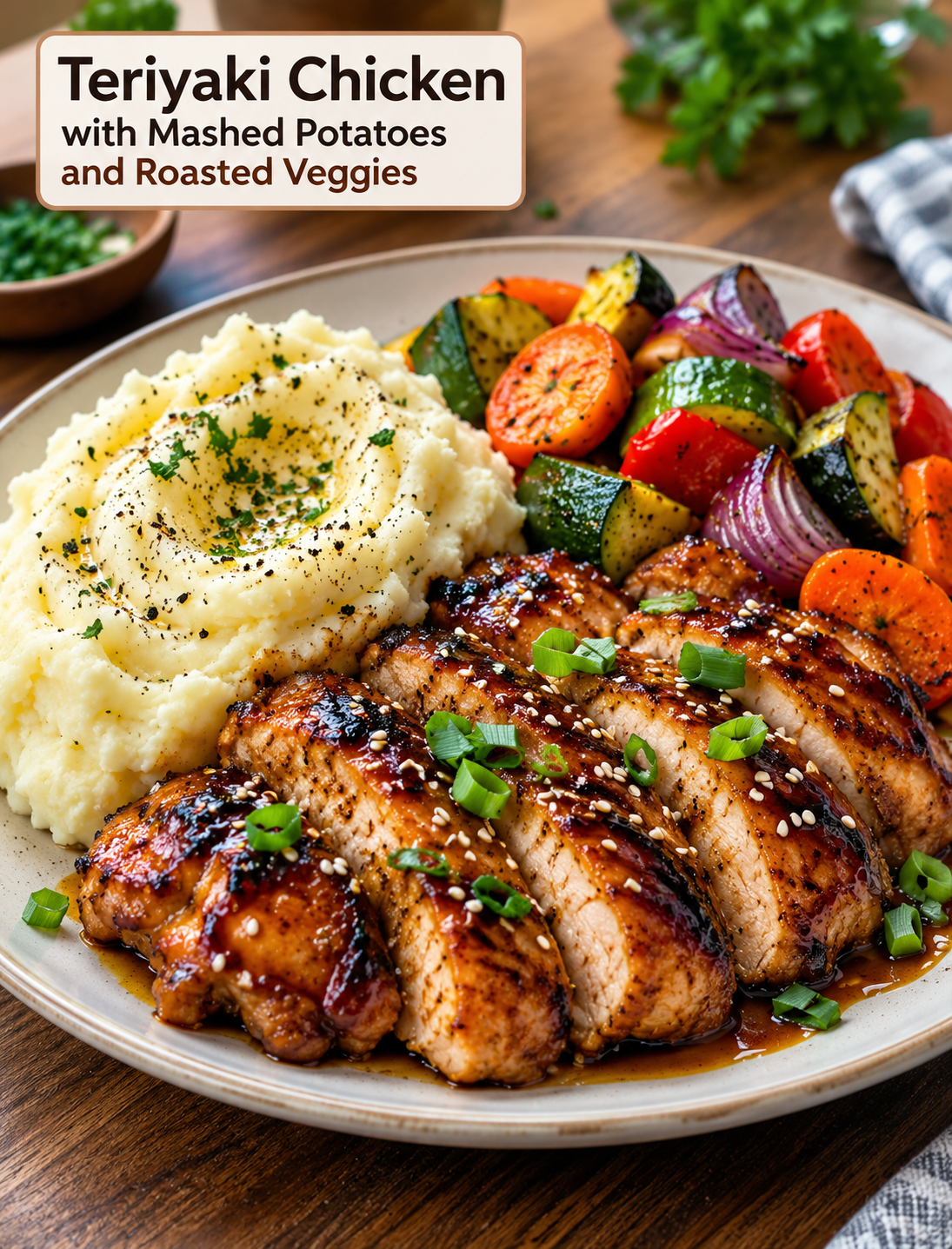 Teriyaki chicken served with creamy mashed potatoes and roasted carrots, zucchini, bell pepper, and red onion