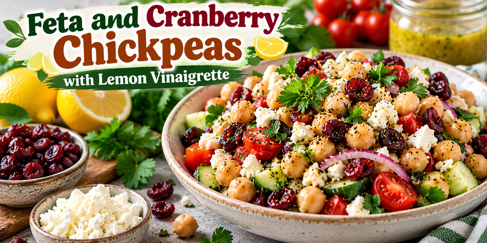 Feta and Cranberry Chickpeas with lemon vinaigrette, cucumber, tomatoes, fresh herbs, and feta cheese