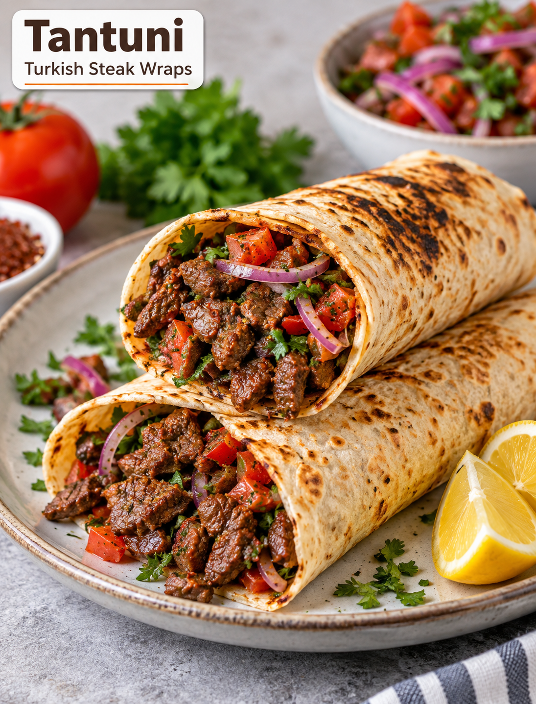 Tantuni Turkish steak wraps with seasoned beef, tomatoes, parsley, sumac onions, and lemon in soft lavash bread