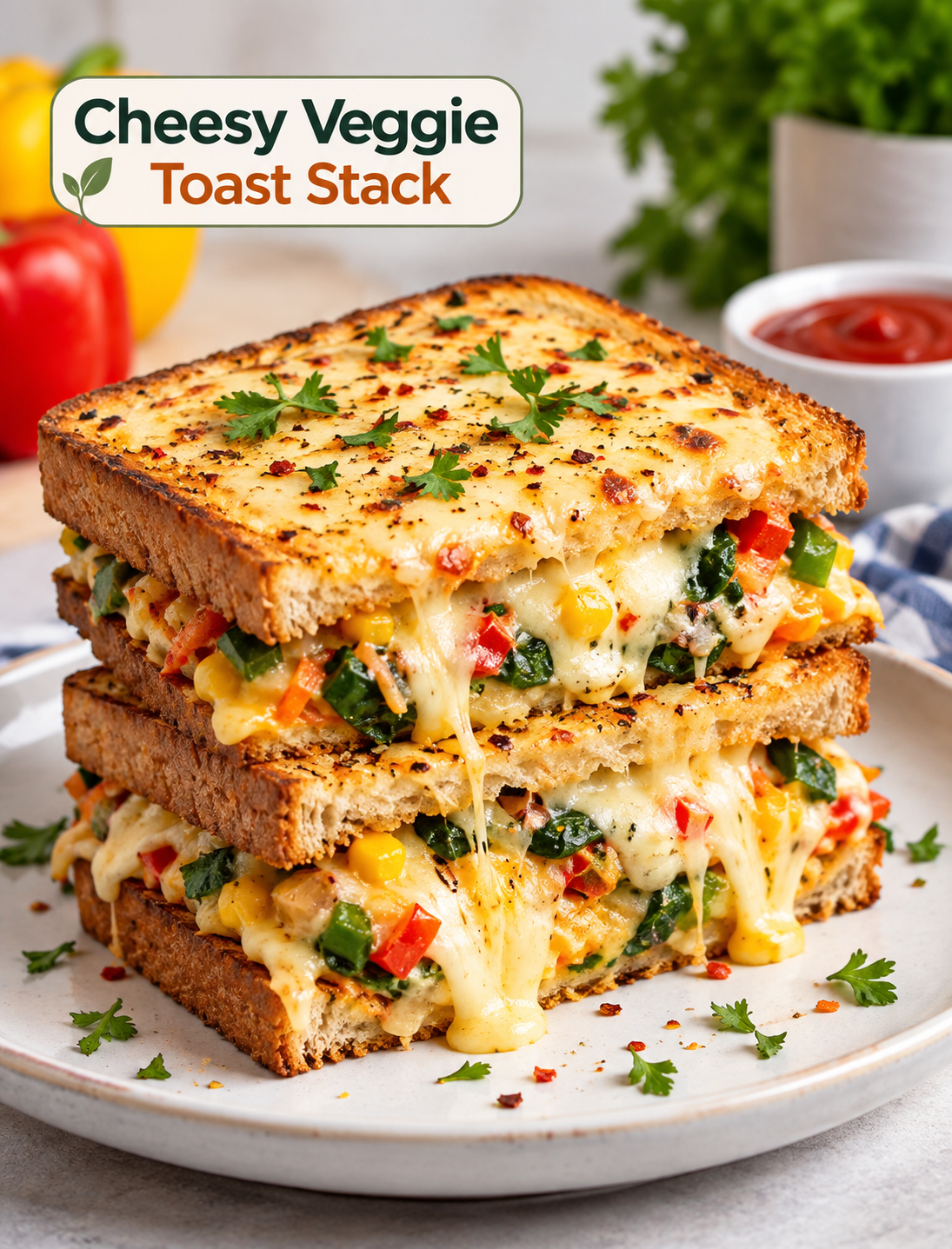 Cheesy Veggie Toast Stack with crispy toasted bread, sautéed vegetables, and melted mozzarella and cheddar cheese