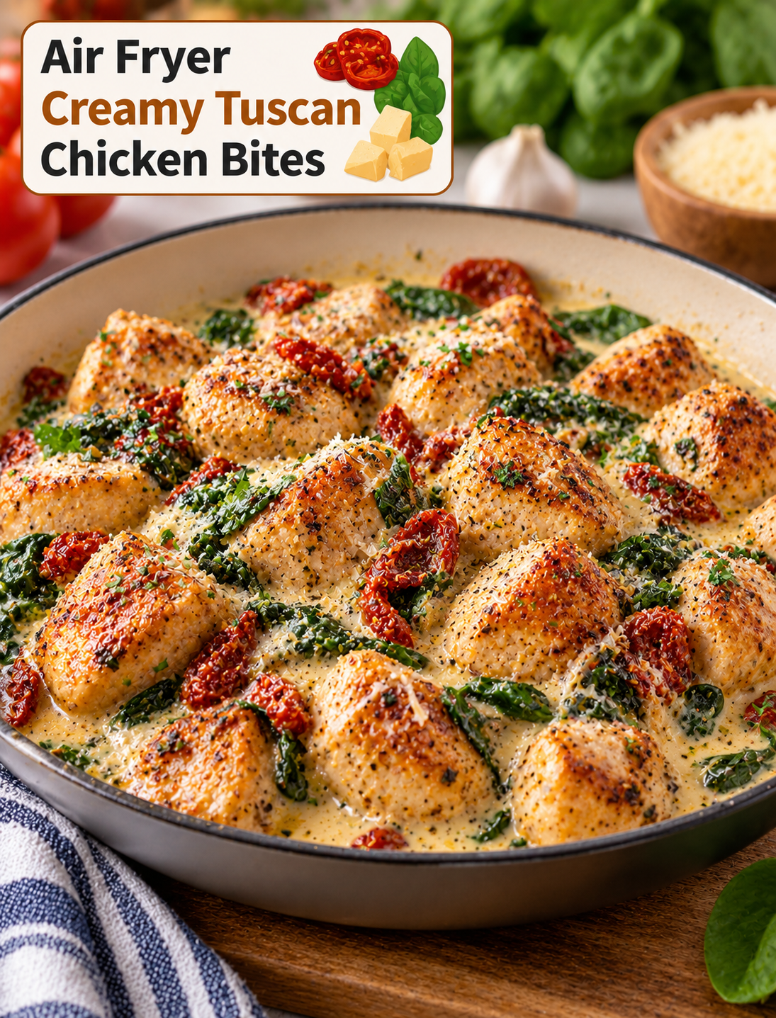 Air fryer creamy Tuscan chicken bites in garlic Parmesan sauce with spinach and sun-dried tomatoes served in a skillet