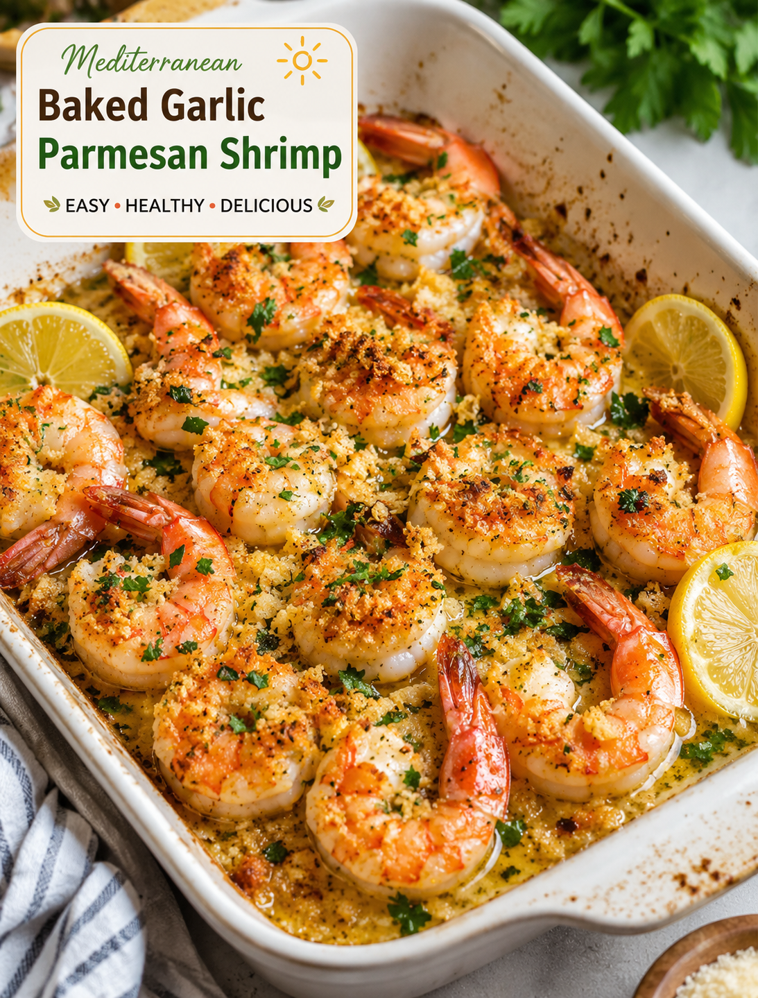 Mediterranean baked garlic Parmesan shrimp with lemon, herbs, and golden Parmesan topping served in a baking dish