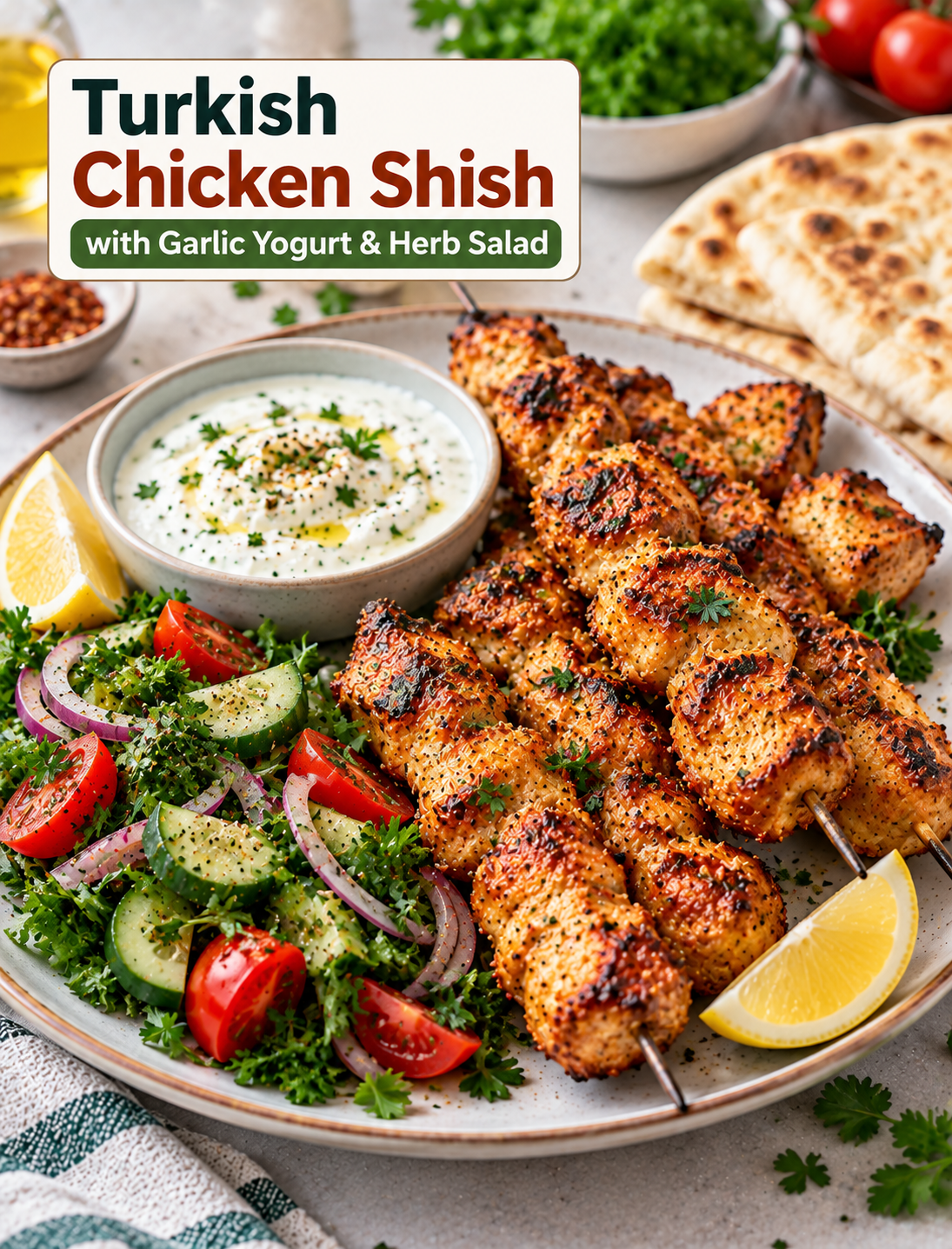 Grilled Turkish chicken shish skewers served with garlic yogurt sauce, fresh herb salad, lemon, and warm pita