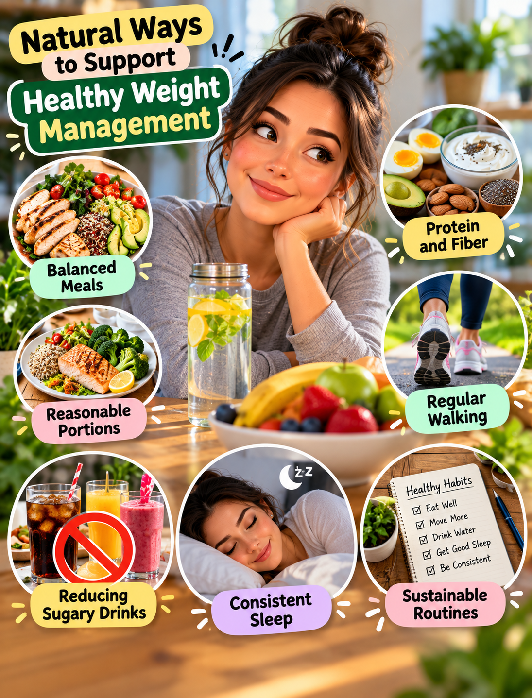 Natural ways to support healthy weight management with balanced meals, protein, fiber, walking, portions, and healthy daily habits