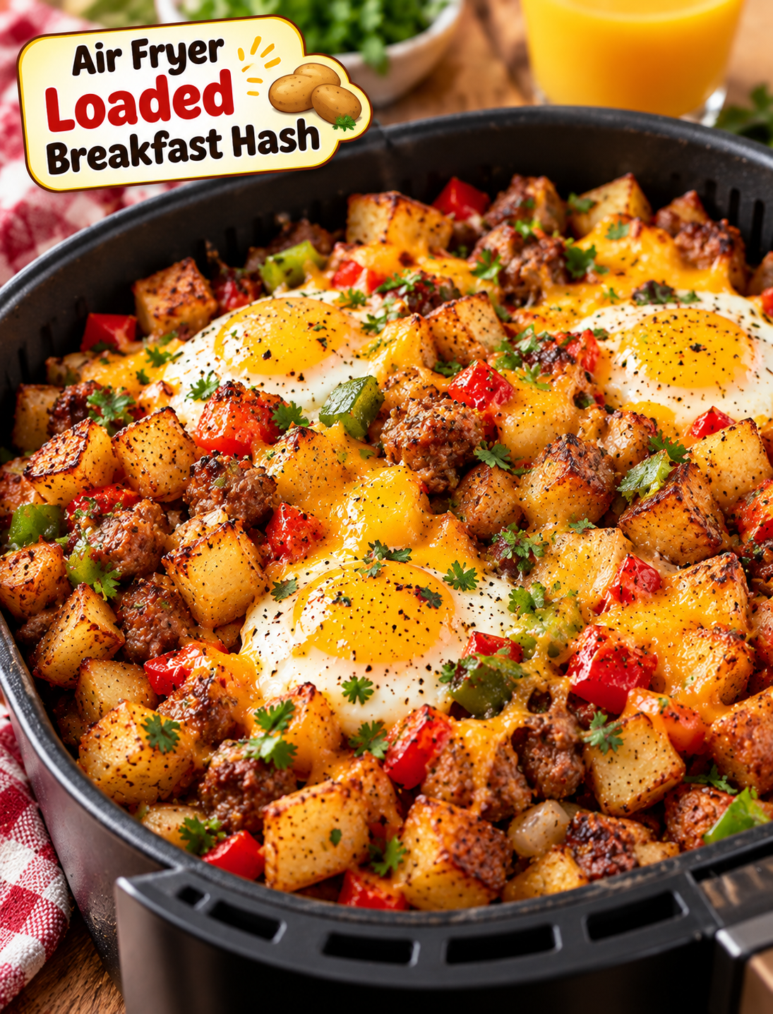 Air Fryer Loaded Breakfast Hash with crispy potatoes, sausage, peppers, melted cheddar, and eggs.