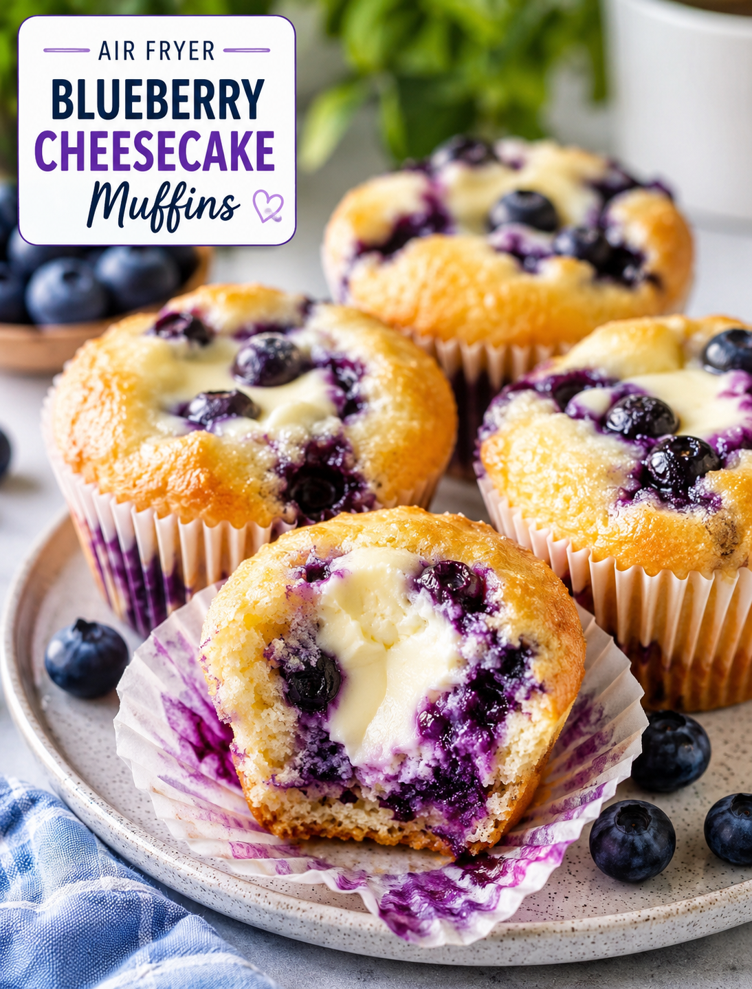 Air Fryer Blueberry Cheesecake Muffins with juicy blueberries and creamy cheesecake filling