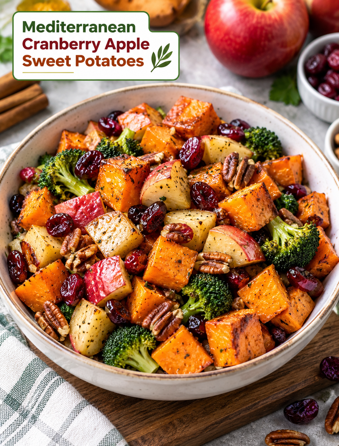 Roasted Mediterranean cranberry apple sweet potatoes with apples, cranberries, broccoli, cinnamon, and pecans on a serving platter