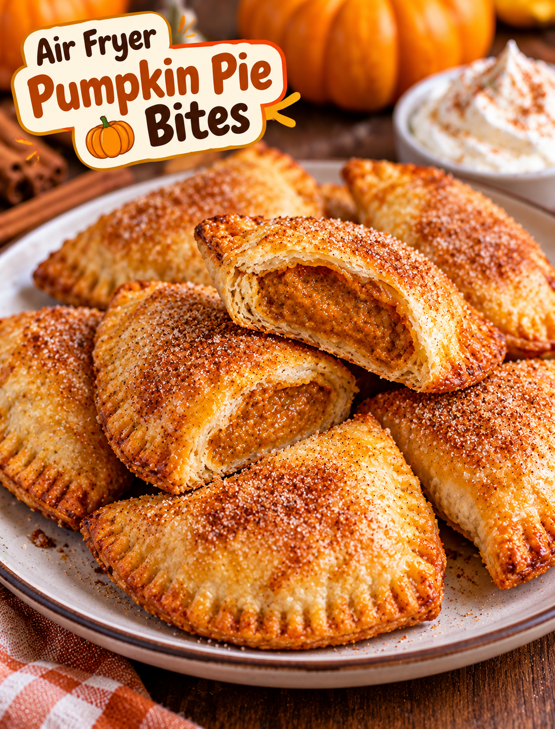 Air fryer pumpkin pie bites with golden flaky crust, spiced pumpkin filling, cinnamon sugar, and whipped cream