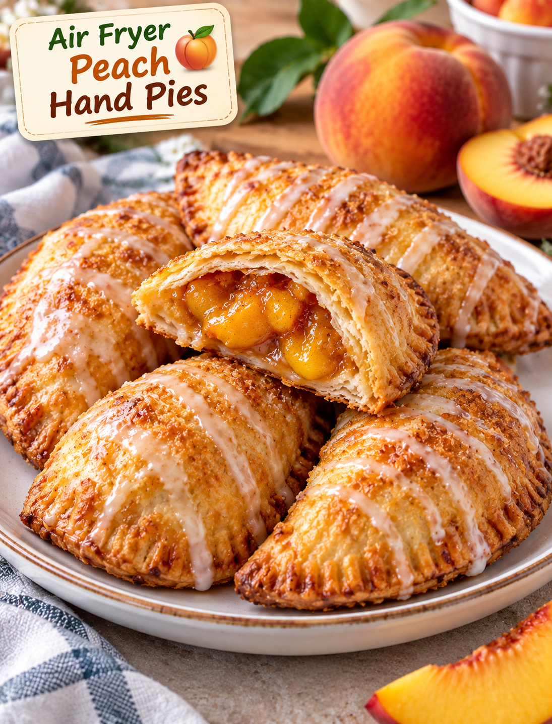 Golden Air Fryer Peach Hand Pies filled with cinnamon peaches and topped with a light glaze