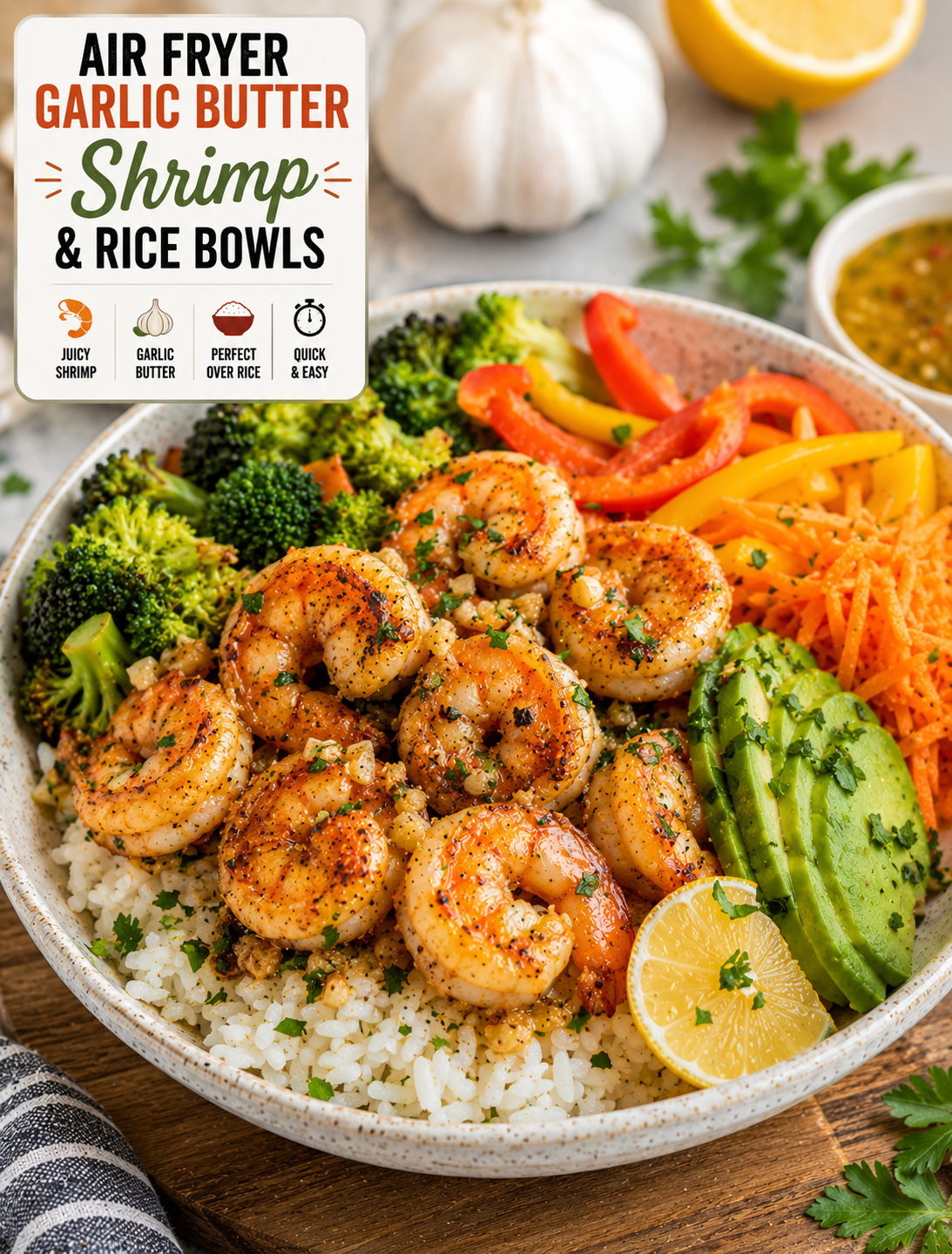 Air fryer garlic butter shrimp served over fluffy rice with broccoli, bell peppers, carrots, avocado, lemon, and fresh parsley