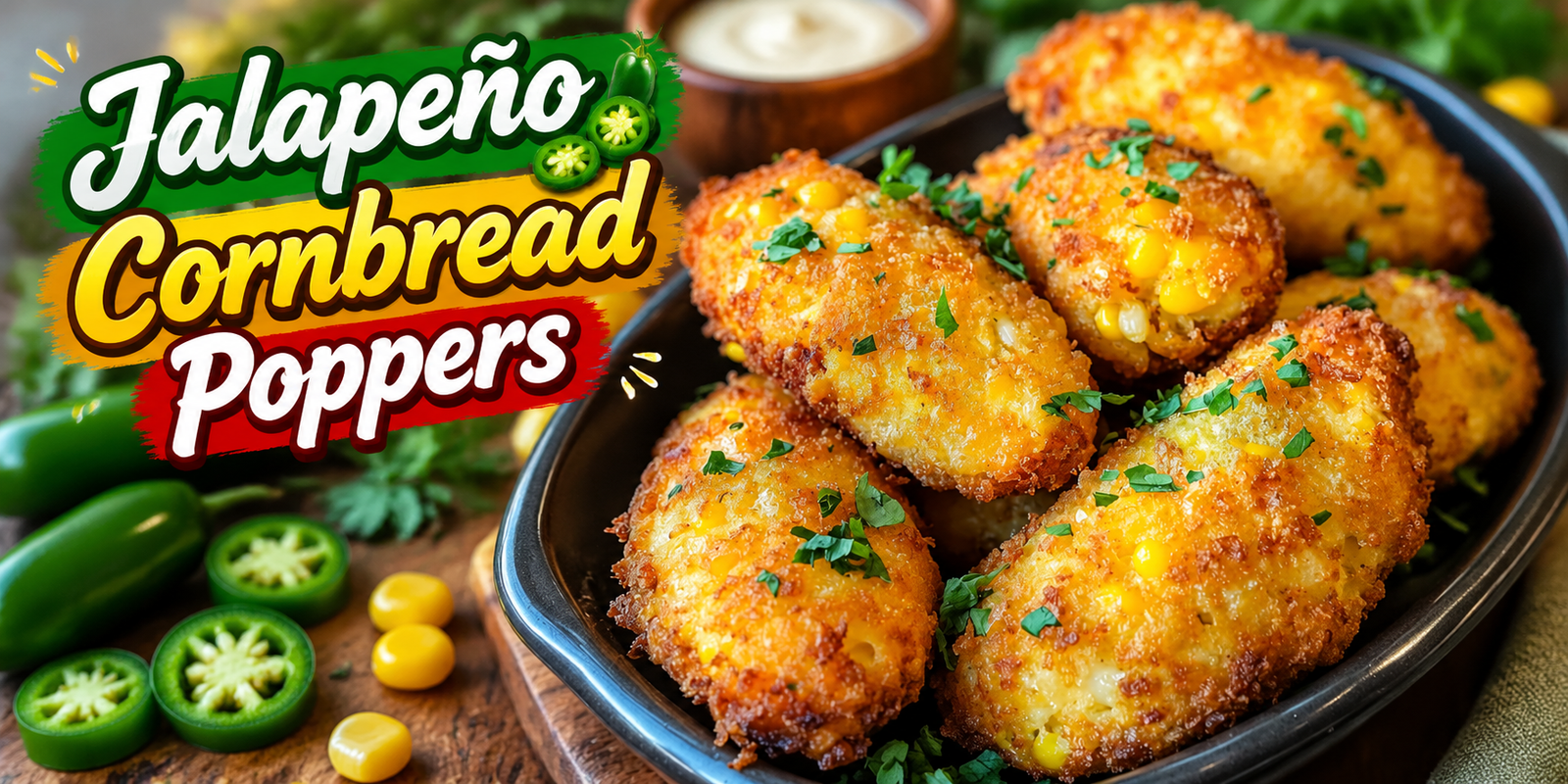 Crispy Jalapeño Cornbread Poppers with sweet corn, cheese, and fresh herbs served as a delicious party appetizer