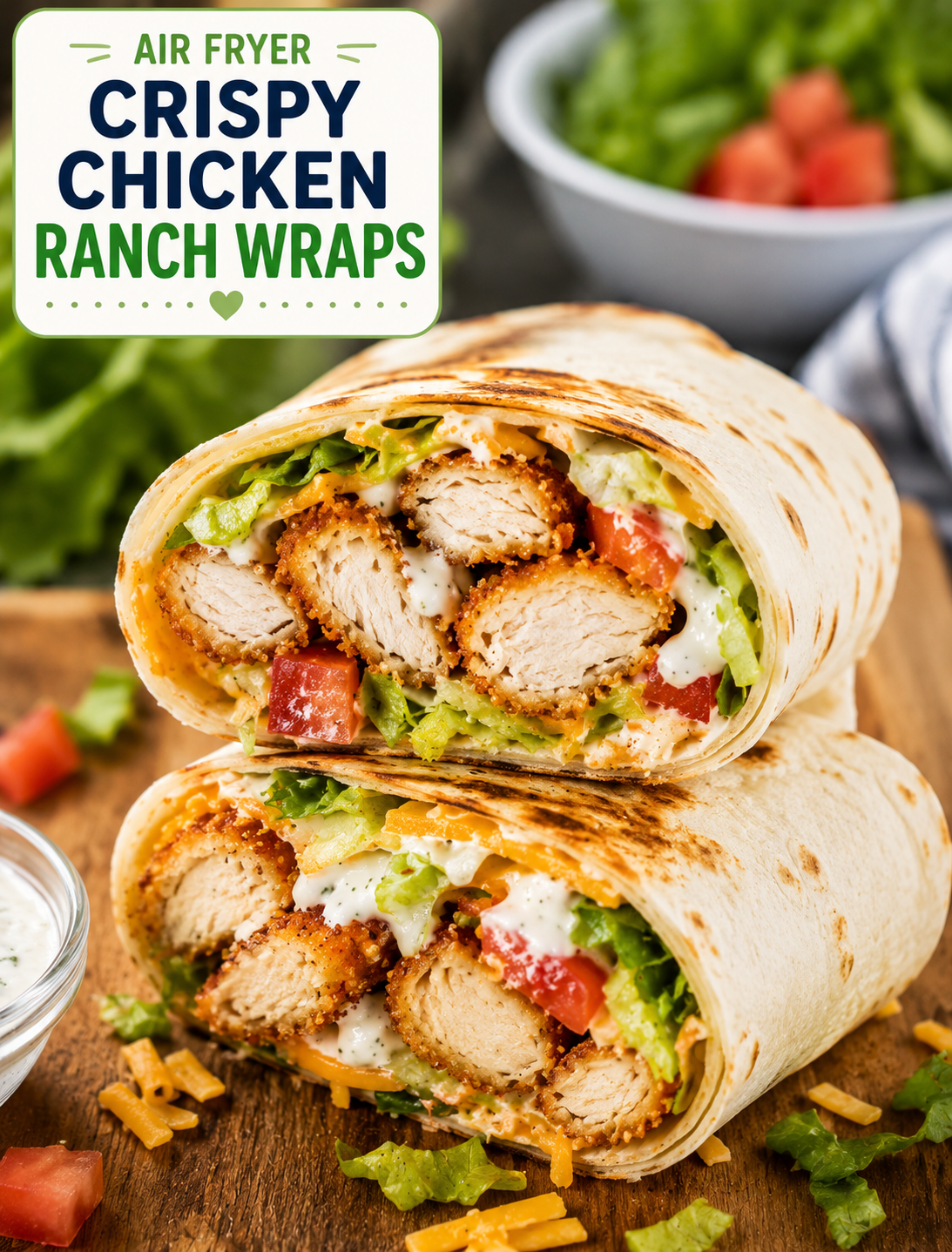 Air Fryer Crispy Chicken Ranch Wrap filled with crunchy chicken, ranch dressing, cheddar cheese, lettuce, and tomatoes